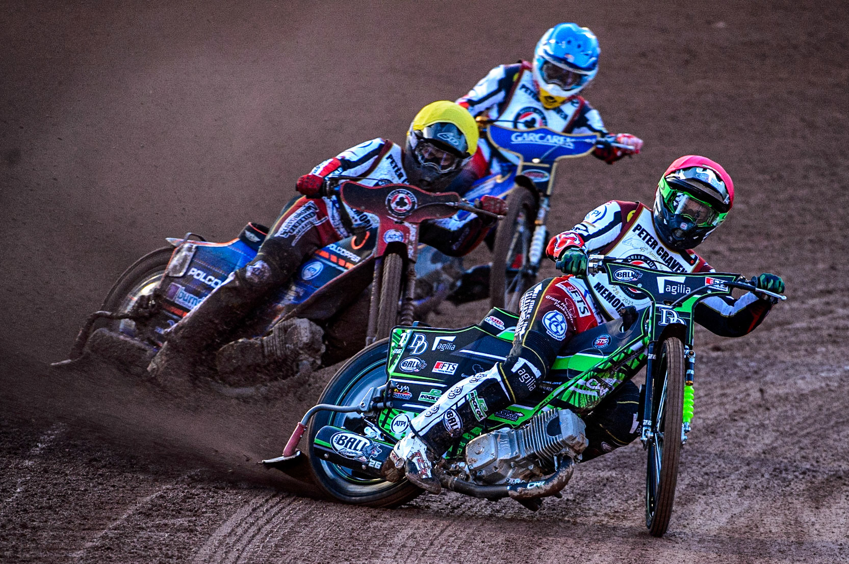 Charles Wright  (Red) leads Brady Kurtz  (Yellow) and Robert Lambert (Blue) during the Peter Craven Memorial Trophy  at the National Speedway Stadium, Manchester on Monday 3rd April 2023. (Photo: Ian Charles | MI News)