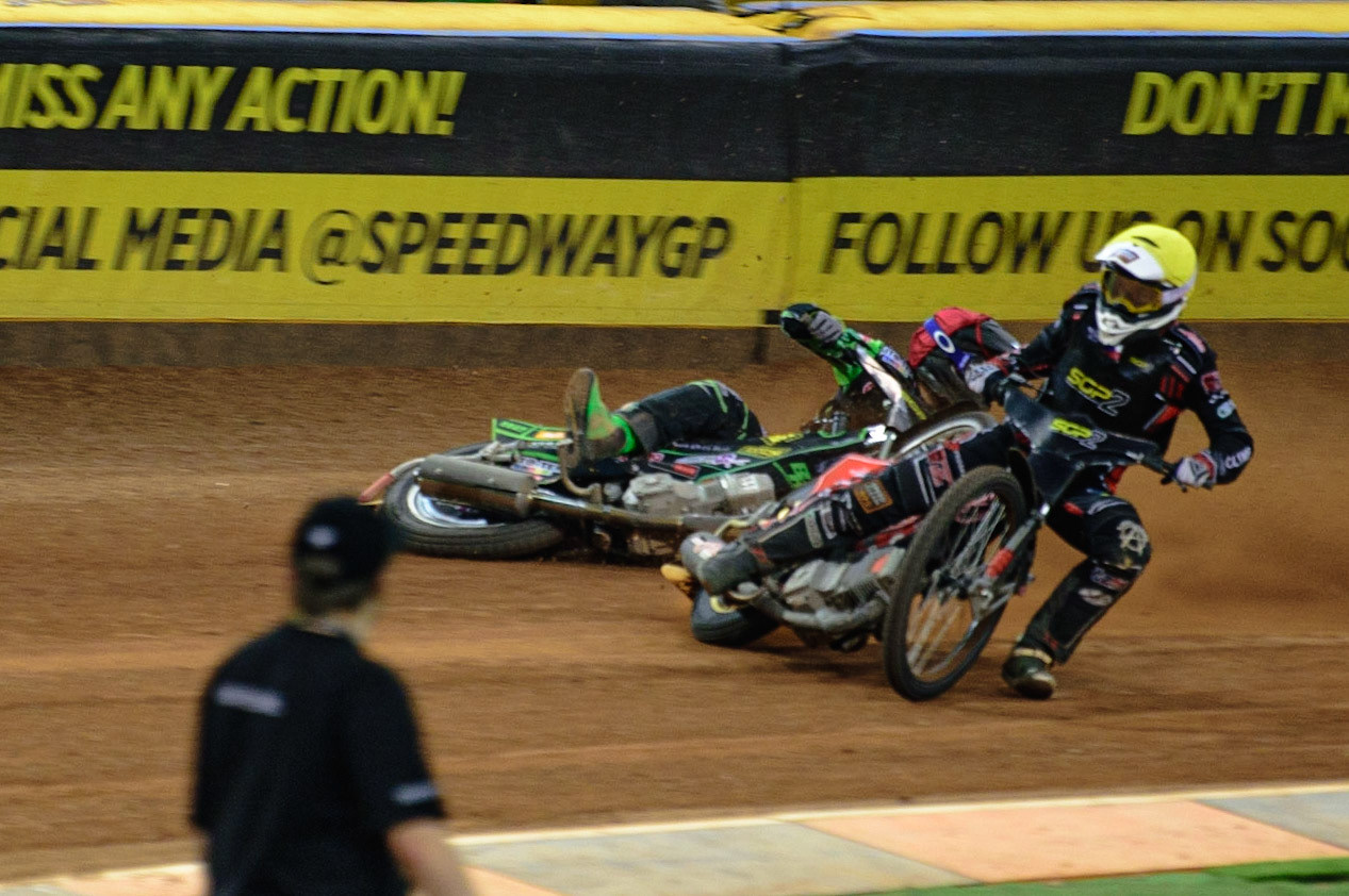 Jan Kvech (Czech Republic)  (White) brings down Benjamin Basso (Denmark)  (Red) during the FIM  Speedway Grand Prix  2 of Great Britain at the Principality Stadium, Cardiff on Sunday 14th August 2022. (Credit: Ian Charles | MI News)
