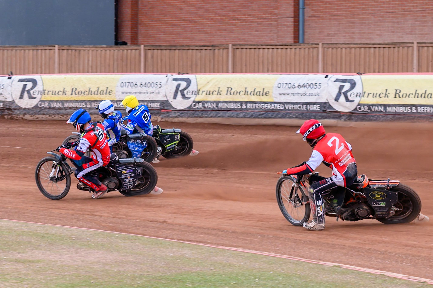 Belle Vue Colts' Connor King in Red chases Belle Vue Colts' Freddy Hodder  in Blue, Oxford Chargers' Jody Scott  in White and Oxford Chargers' Darryl Ritchings  in Yellow during the WSRA National Development League match between Belle Vue Colts and Oxford Chargers at the National Speedway Stadium, Manchester on Sunday 1st June 2025. (Photo: Ian Charles | MI News)