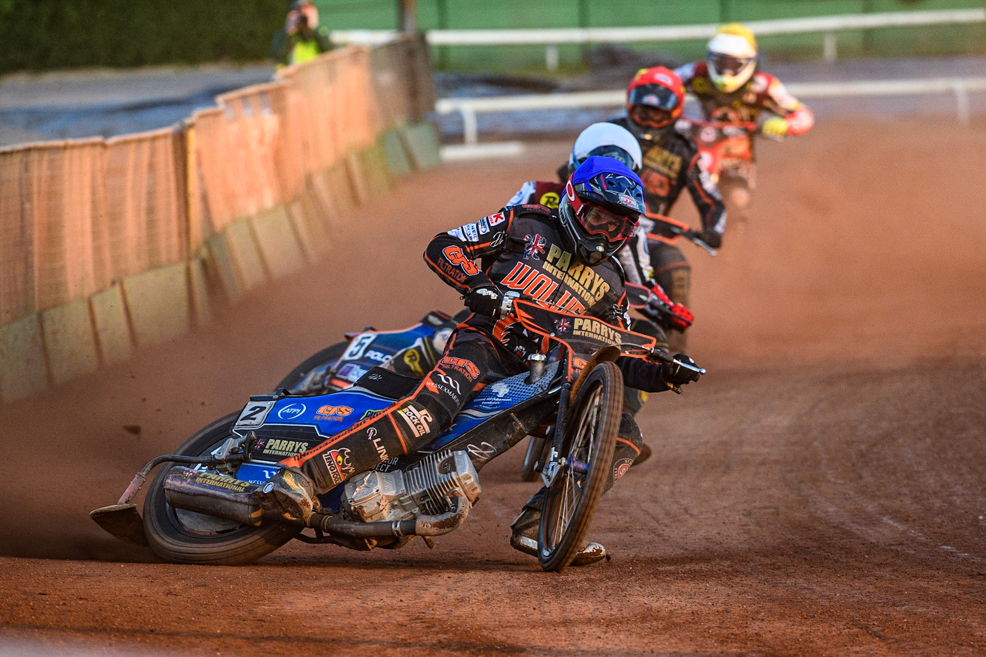 Steve Worrall (Blue) leads Brady Kurtz (White), Sam Masters (Red) and Jake Mulford (Yellow) during the Sports Insure Premiership match between Wolverhampton Wolves and Belle Vue Aces at Monmore Green Stadium, Wolverhampton on Monday 29th May 2023. (Photo: Ian Charles | MI News)