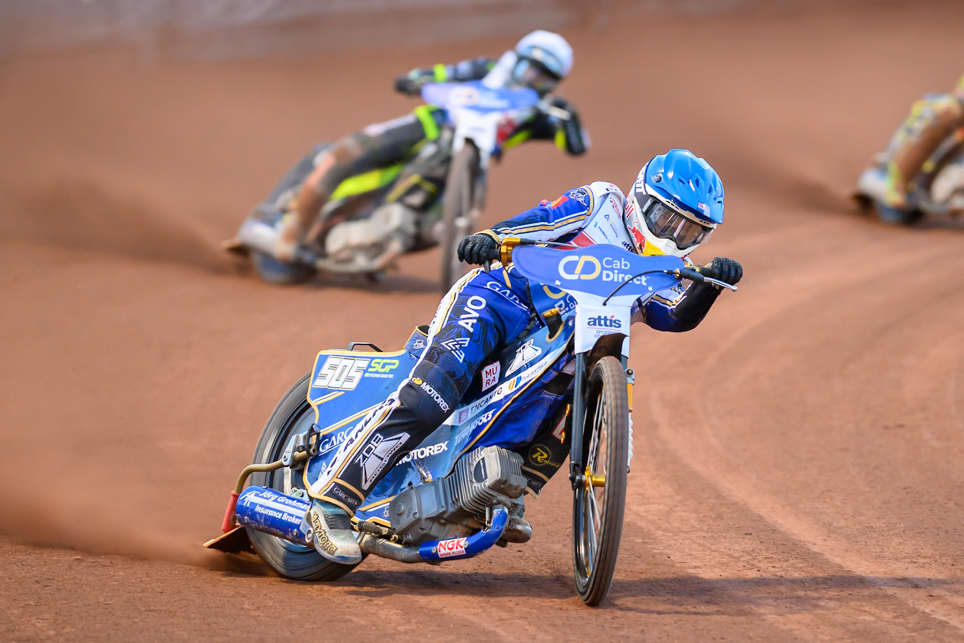 Robert Lambert (4) in Blue leading Danny King (10) in White during the Cab Direct British Speedway Championship Final at the National Speedway Stadium, Manchester on Saturday 15th August 2026. (Photo: Ian Charles | MI News)
