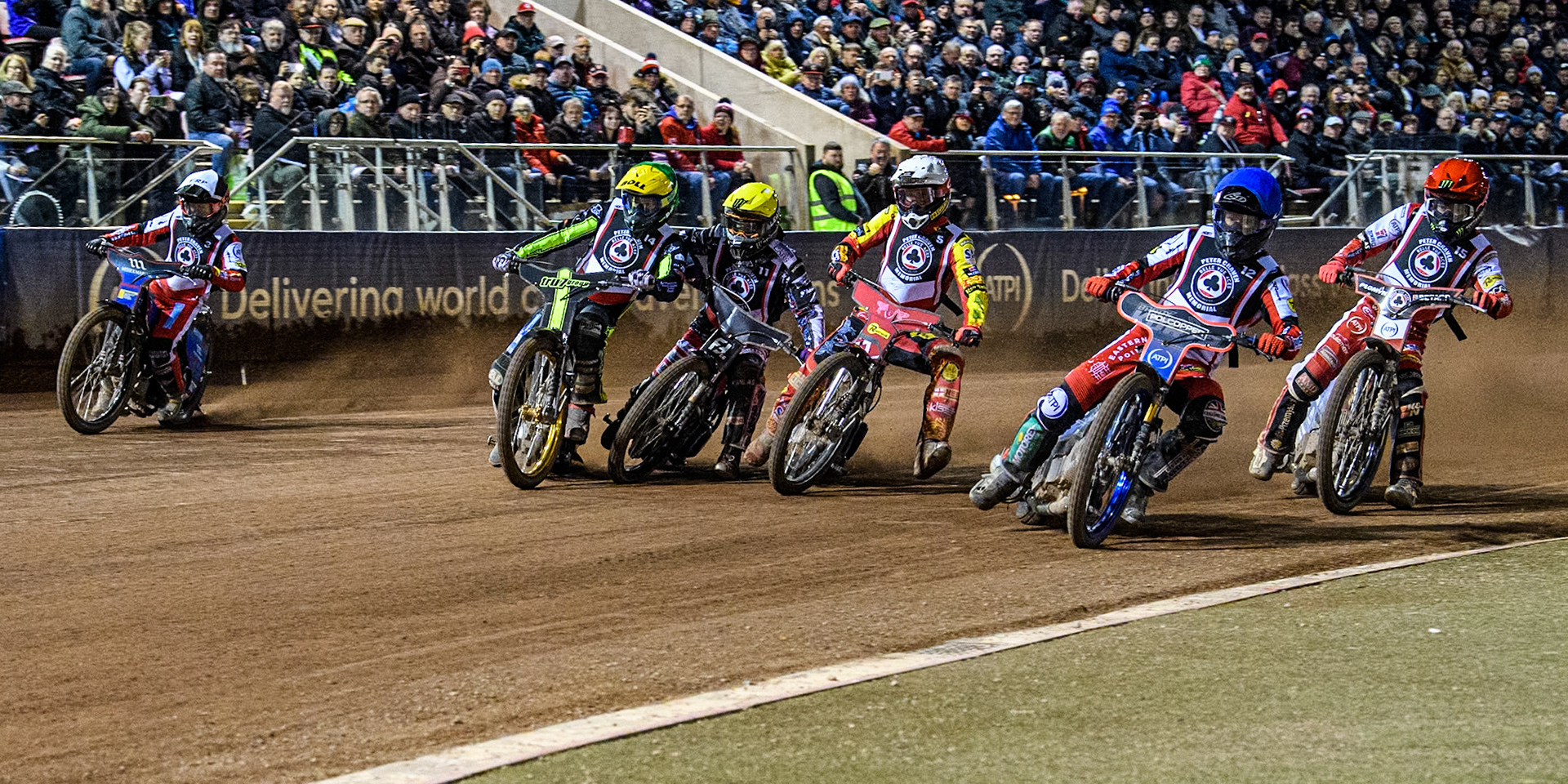 The final and Australia's Brady Kurtz (Blue) leads  England's Dan Bewley (Red), Australia's Max Fricke (White), Sweden’s Fredrik Lindgren (Yellow) Australia's Jason Doyle (Green) and Australia's Ben Cook (Black/White)during the Peter Craven Memorial Trophy meeting at the National Speedway Stadium, Manchester on Monday 18th March 2024. (Photo: Ian Charles | MI News)
