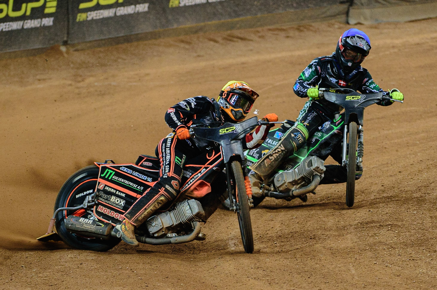 Kevin Juhl Pedersen (Denmark)  (Yellow) leads Jonas Knudsen (Denmark)  (Blue) during the FIM  Speedway Grand Prix  2 of Great Britain at the Principality Stadium, Cardiff on Sunday 14th August 2022. (Credit: Ian Charles | MI News)