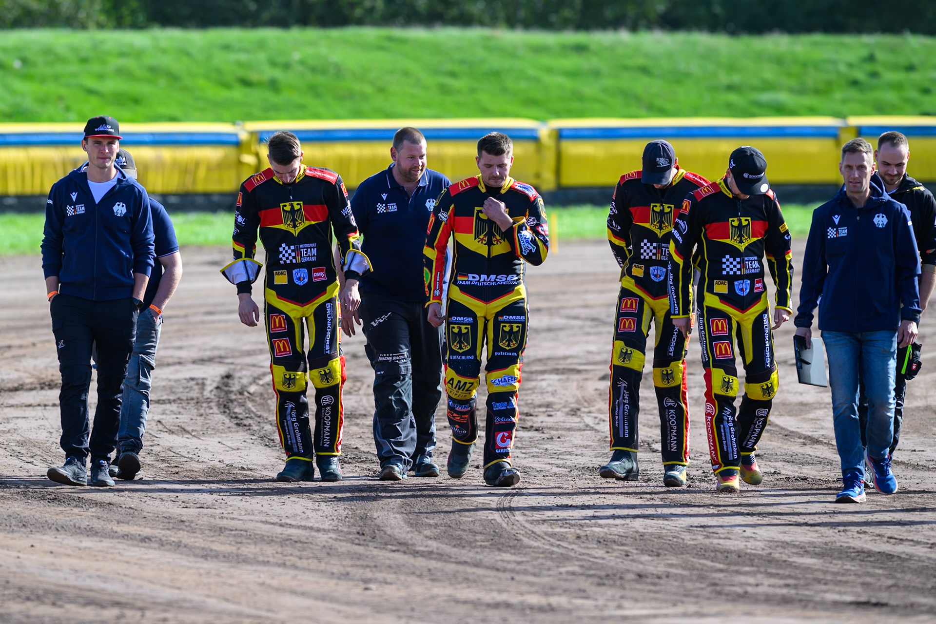 The German team on their track walk during practice for  the FIM Long Track of Nations 2026 at the Speed Centre Roden in the Netherlands on Sunday 20th September 2026. (Photo: Ian Charles | MI News)