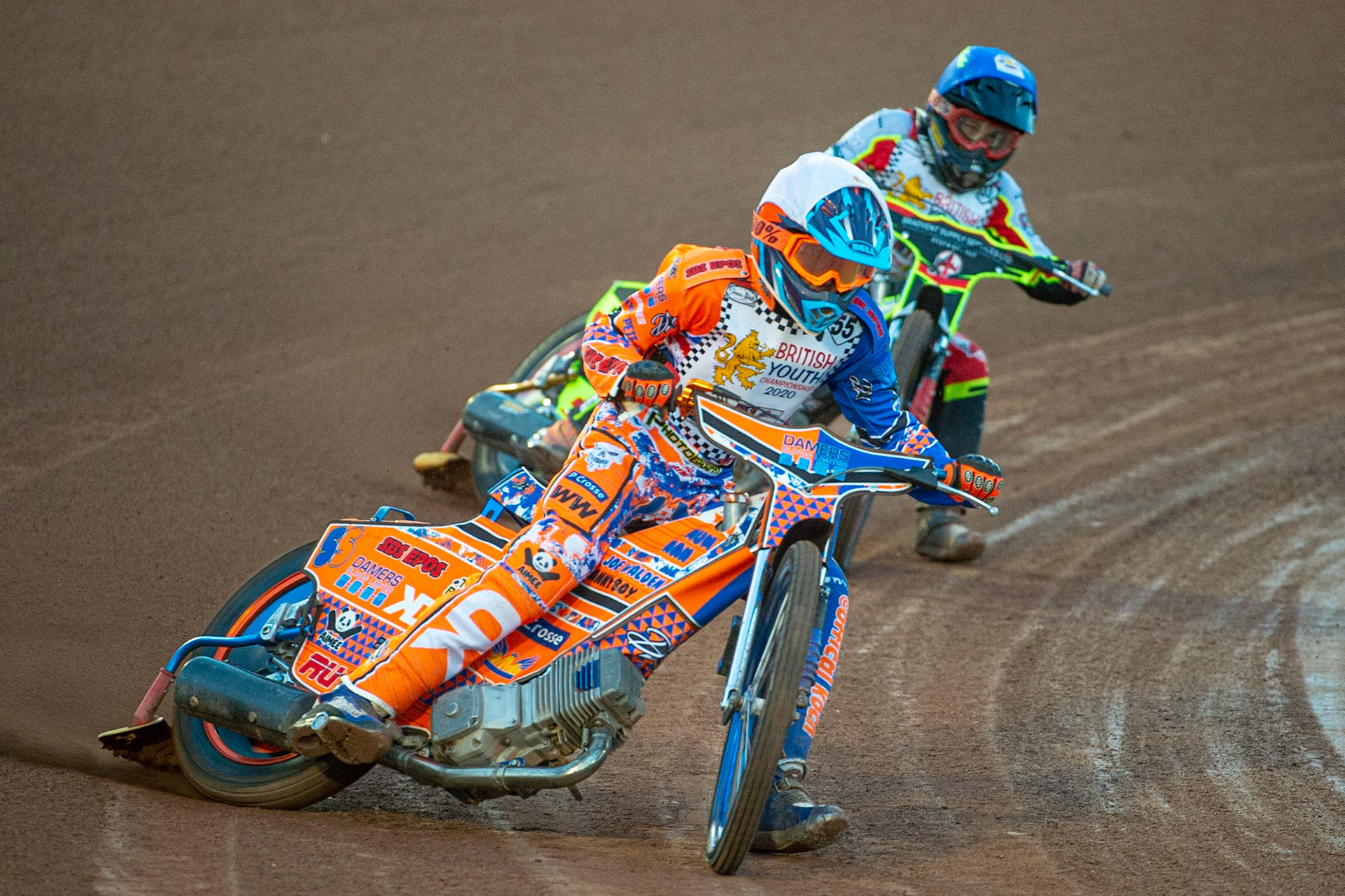 Photo: Ian CharlesSam Peters (White) leads Katie Gordon (Blue) (500cc B Class) British Youth Speedway Championship (Round 5), National Speedway Stadium, Manchester Saturday  10  October  2020