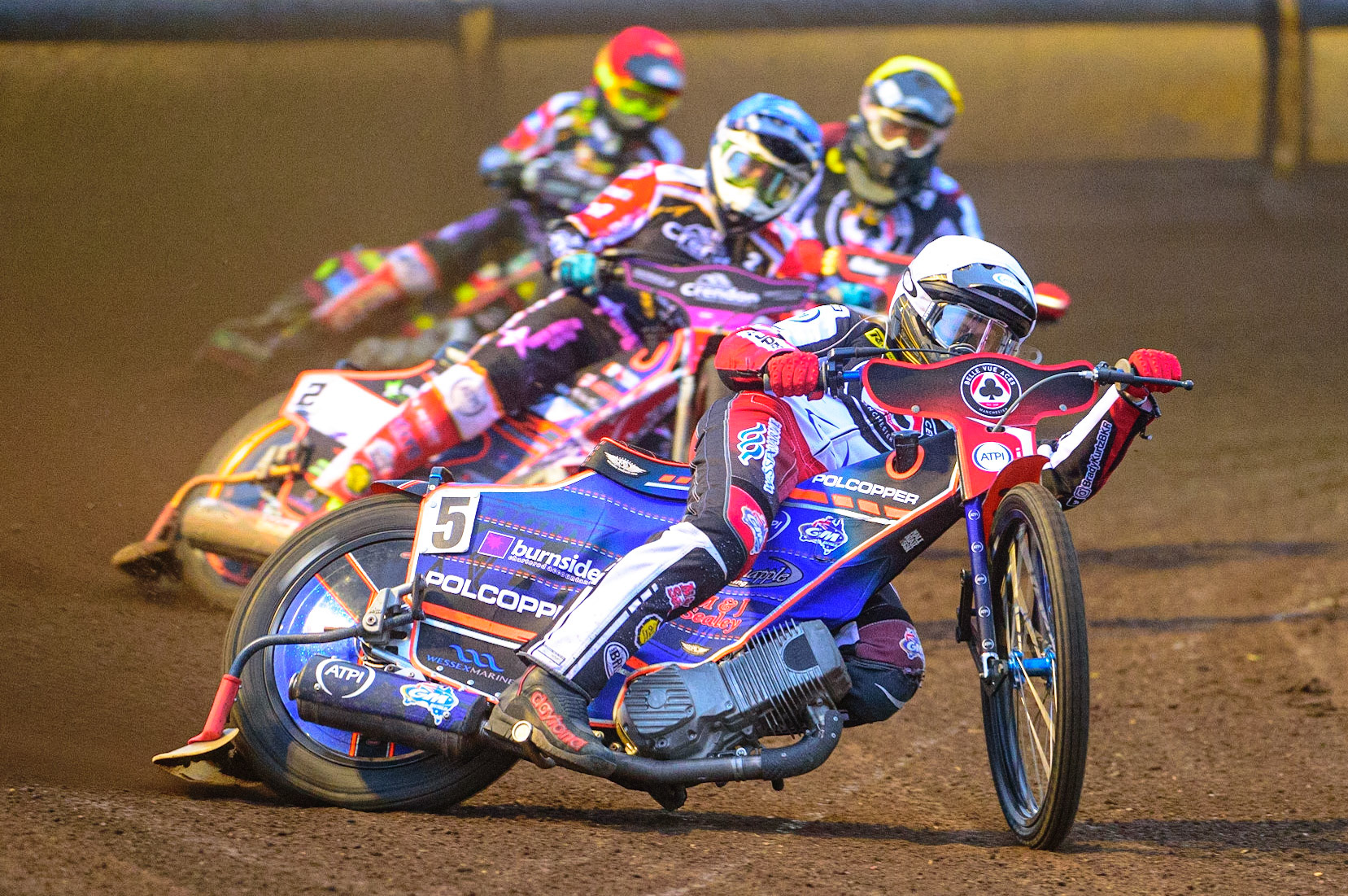 PETERBOROUGH, UK. MAY 9TH  Brady Kurtz (White) leads Scott Nicholls  (Blue) Norick Blödorn  (Yellow) and Michael Palm Toft  (Red) during the SGB Premiership match between Peterborough Panthers and Belle Vue Aces at East of England Showground, Peterborough on Monday 9th May 2022. (Credit: Ian Charles | MI News)