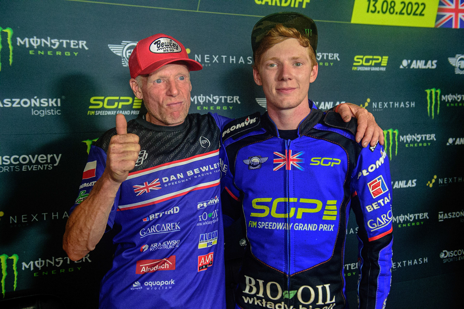 Neil Bewley, the proud Dad with his son Dan during the FIM  Speedway Grand Prix of Great Britain at the Principality Stadium, Cardiff on Saturday 13th August 2022. (Credit: Ian Charles | MI News