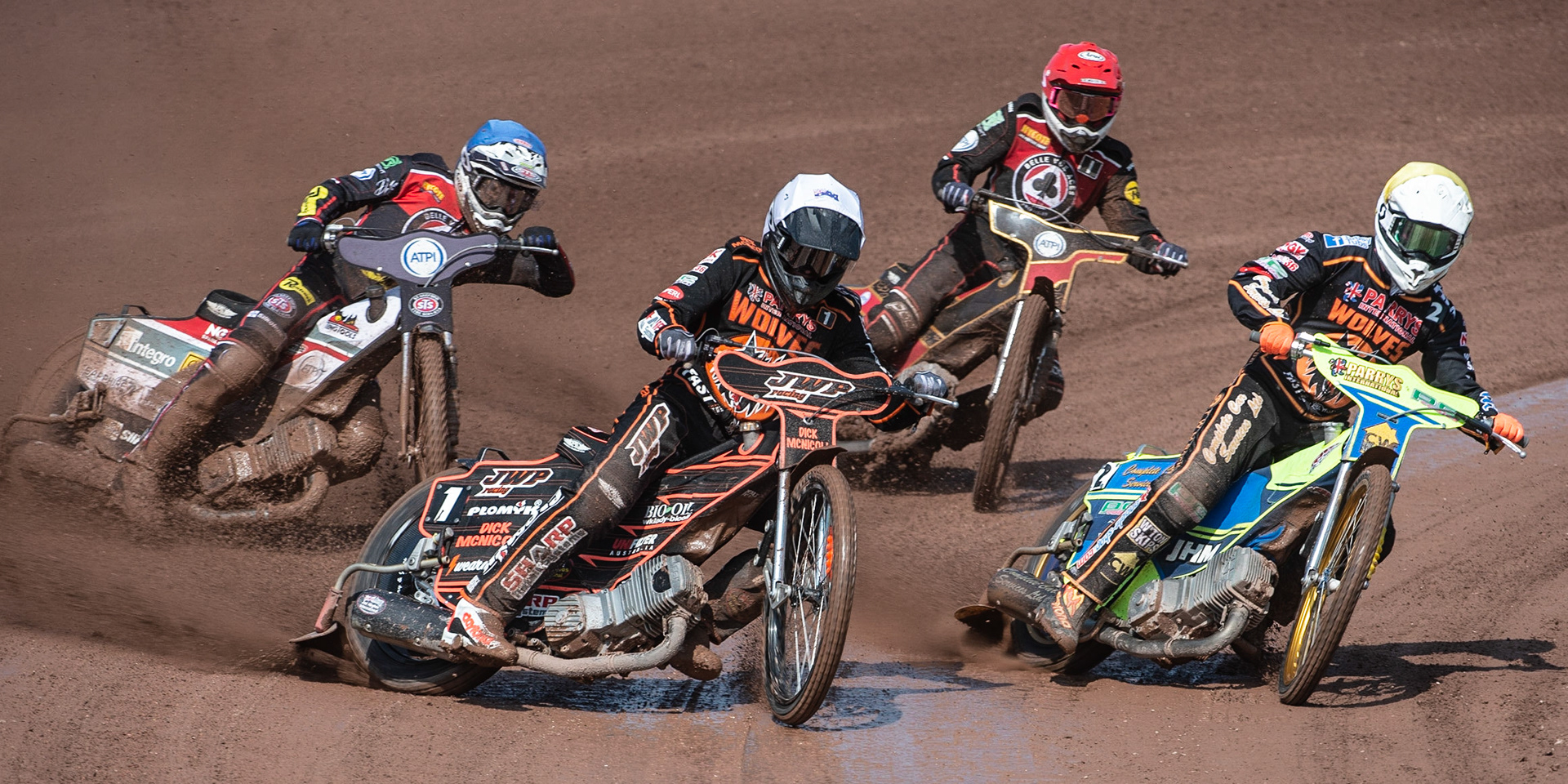 Photo by Ian Charles:

Wolves go for maximum points as Sam Masters  (White) and Kyle Howarth  (Yellow) lead Max Fricke  (Red) and Steve Worrall  (Blue) 

Belle Vue Aces v Wolverhampton Wolves, National Speedway Stadium, Manchester, Monday, 22, April, 2019