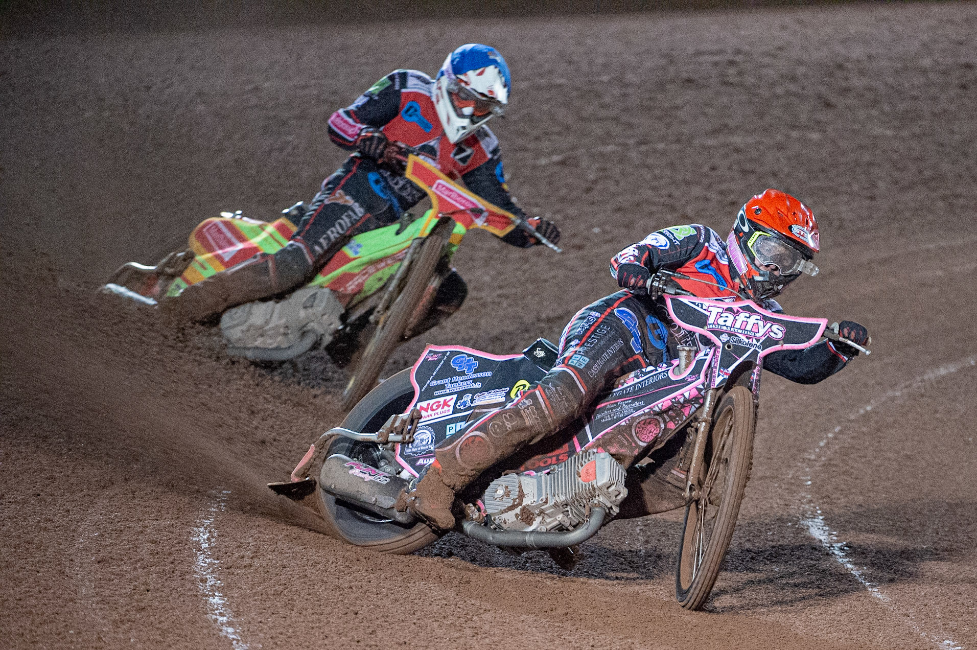 Photo: Ian Charles

Belle Vue Colts Leon Flint  (Red) leads team mate Ben Woodhull  (Blue)

Belle Vue Colts v Leicester Lion Cubs, SGB National League KO Cup Final (2nd Leg), Belle Vue National Speedway Stadium, Manchester, Tuesday 29  October  2019