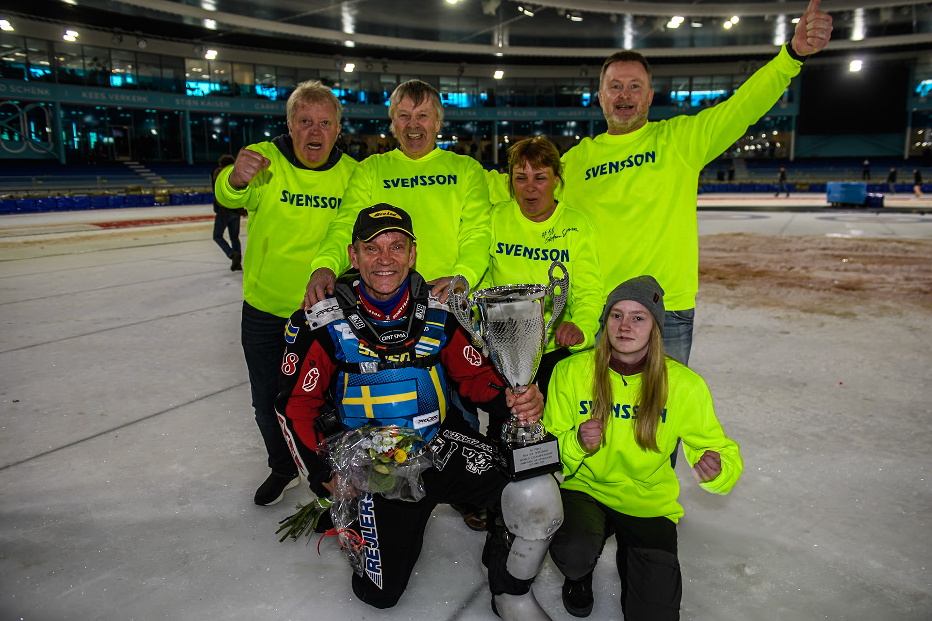 Stefan Svensson with his loyal fans during the FIM Ice Speedway Gladiators World Championship Final 4 at Ice Rink Thialf, Heerenveen on Sunday 7th April 2024. (Photo: Ian Charles | MI News)