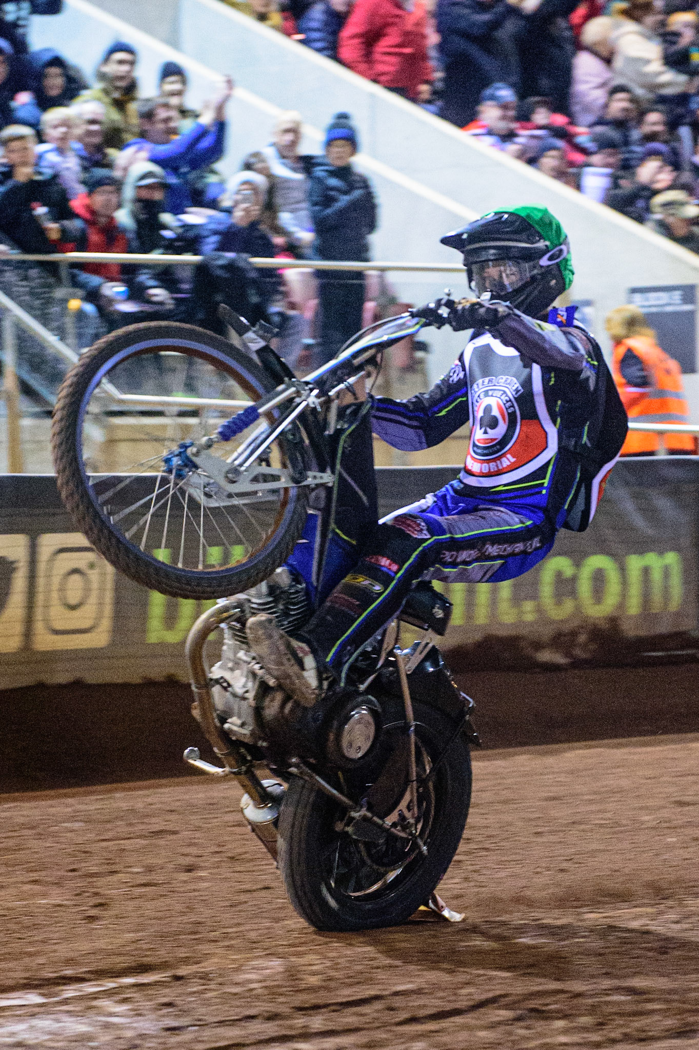 MANCHESTER, UK. OCT 23RD  Ryan Douglas  celebrates with a wheelie during the Peter Craven Memorial Trophy event at the National Speedway Stadium, Manchester on Saturday 23rd October 2021. (Credit: Ian Charles | MI News)