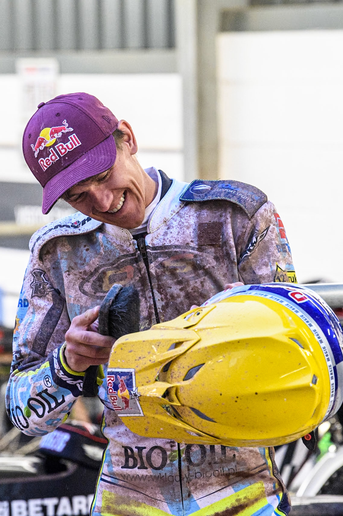 Oxford Spires' Maciej Janowski clears the dirt off his crash helmet during the Rowe Motor Oil Premiership match between Belle Vue Aces and Oxford Spires at the National Speedway Stadium, Manchester on Monday 13th May 2024. (Photo: Ian Charles | MI News)