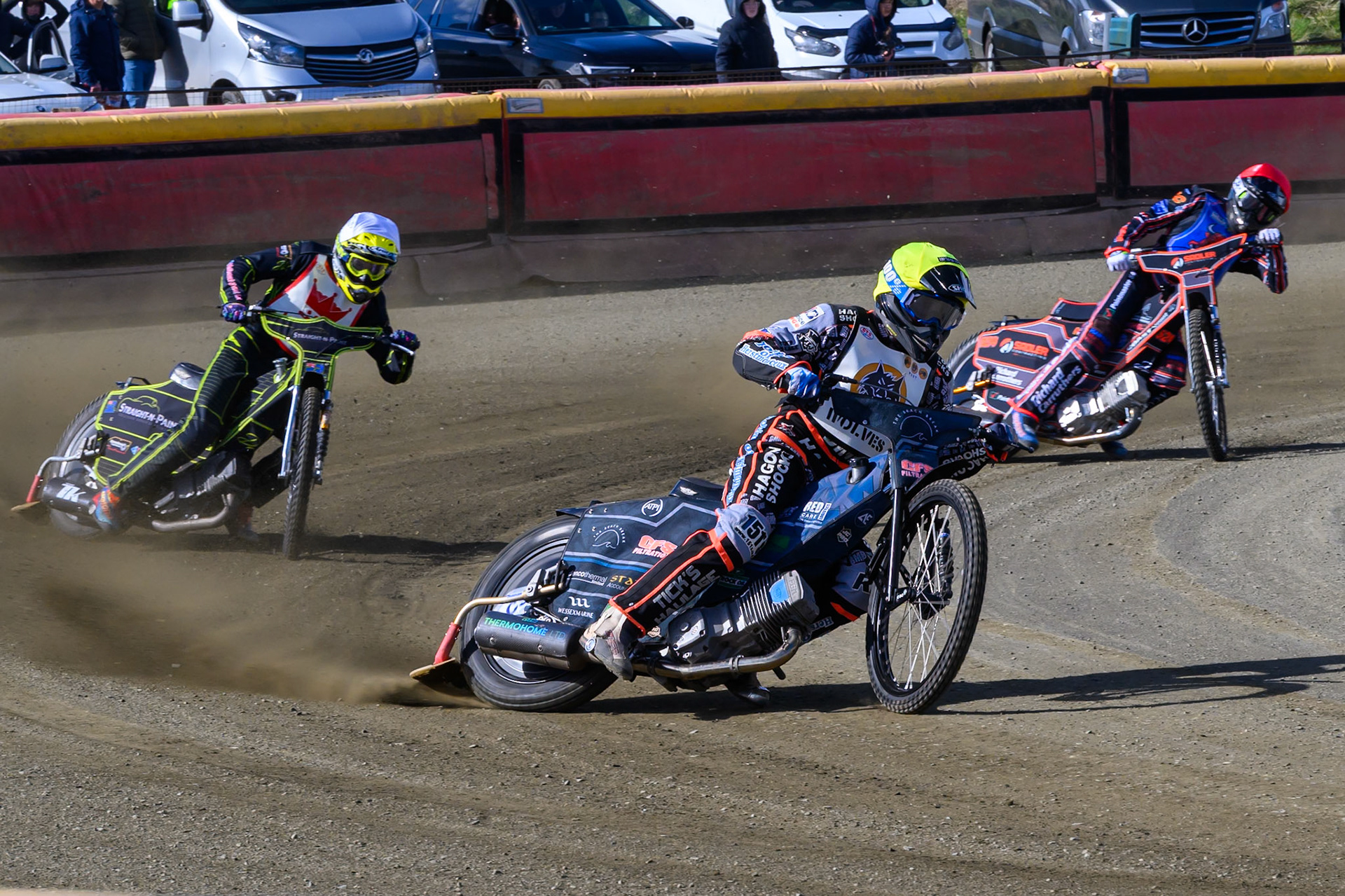 Jack Kingston of 'The Wolves' in Yellow leading \Ben Whalley of 'The Kings'  in White and Jacob Fellows of Buxton Bulls  in Red during the Regina Chains Fours at Buxton Speedway, Buxton on Sunday 5th April 2026. (Photo: Ian Charles | MI News)