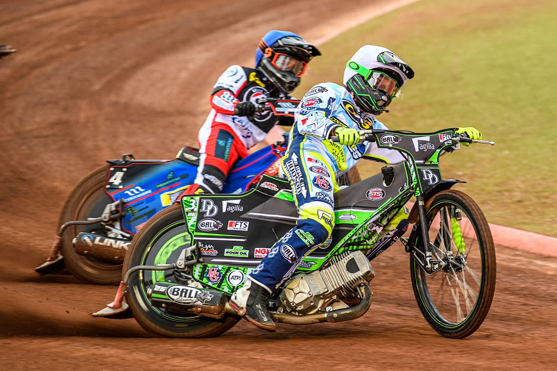 Oxford Spires' Charles Wright in White leading Belle Vue Aces' Ben Cook in Blue during the Rowe Motor Oil Premiership match between Belle Vue Aces and Oxford Spires at the National Speedway Stadium, Manchester on Monday 13th May 2024. (Photo: Ian Charles | MI News)
