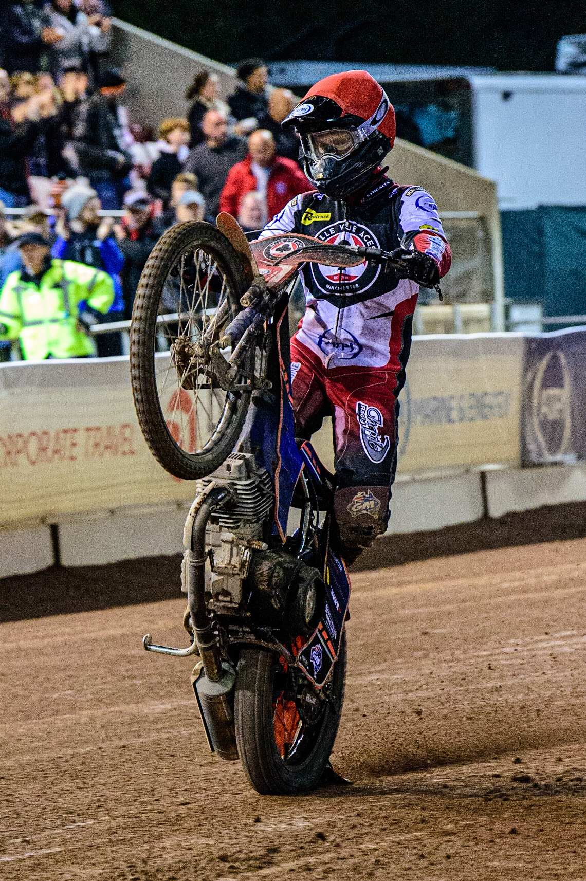 Brady Kurtz  celebrates with a wheelie during the SGB Premiership Grand Final 1st leg between Belle Vue Aces and Sheffield Tigers at the National Speedway Stadium, Manchester on Monday 10th October 2022. (Credit: Ian Charles | MI News)