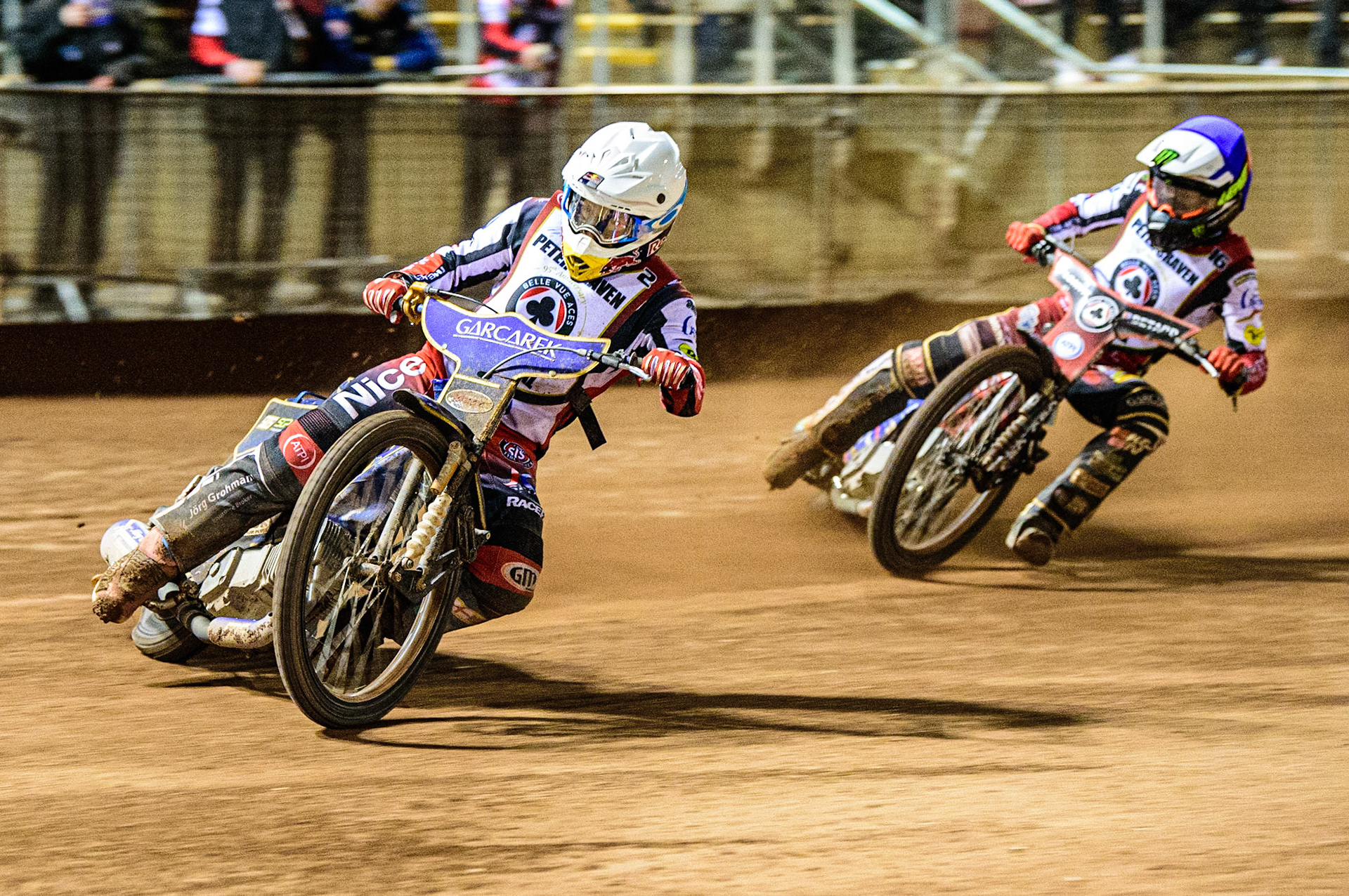 Robert Lambert  (White) leads Dan Bewley  (Blue) during the Peter Craven Memorial Trophy  at the National Speedway Stadium, Manchester on Monday 3rd April 2023. (Photo: Ian Charles | MI News)
