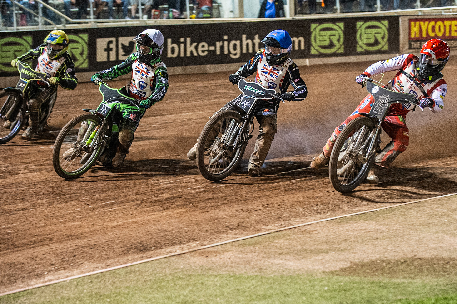 Photo: Ian Charles

British Final first bend (l-r) Chris Harris (Yellow). Charles Wright (White) Danny King (Blue) Craig Cook (Red)

Sports Insure British Final,  Belle Vue National Speedway Stadium, Manchester Monday 29  July  2019