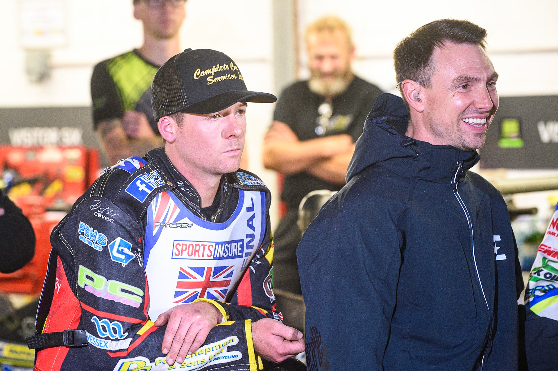 MANCHESTER, UK. AUGUST 16TH   Chris Harris  and Simon Stead watch the live coverage during the Sports Insure British Speedway Finals at the National Speedway Stadium, Manchester on Monday 16th August 2021. (Credit: Ian Charles | MI News)