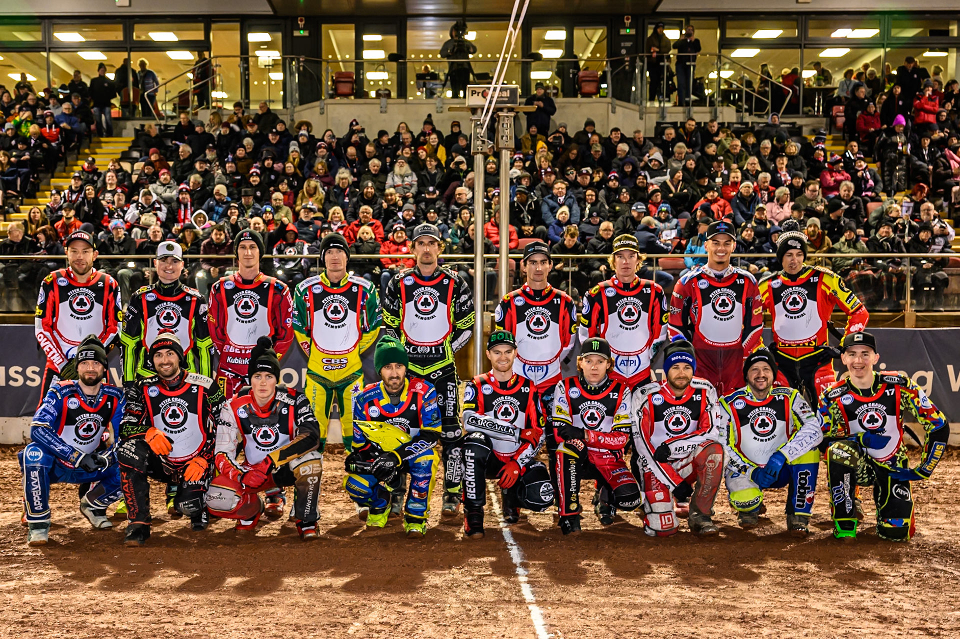 The riders line up before the meeting during the Peter Craven Memorial Trophy at the National Speedway Stadium, Manchester, on Monday 16th March 2026. (Photo: Ian Charles | MI News)