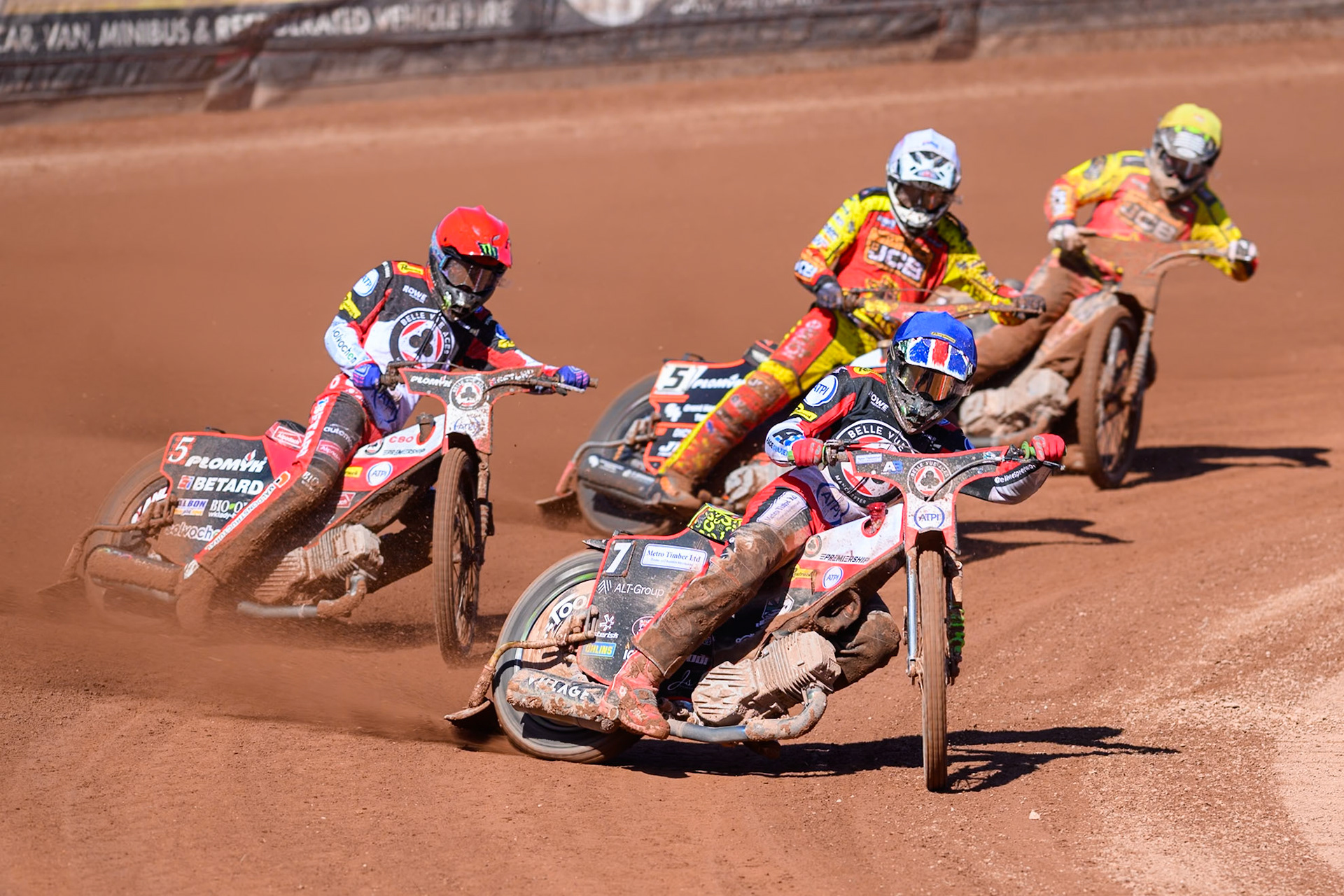 William Cairns of Belle Vue Aces in Blue leading Dan Bewley  of Belle Vue Aces  in Red, Sam Masters of Leicester Lions  in White and Joe Thompson of Leicester Lions in Yellow during the Knockout Cup Northern Section match between Belle Vue Aces and Leicester Lions at the National Speedway Stadium, Manchester on Monday 6th April 2026. (Photo: Ian Charles | MI News)