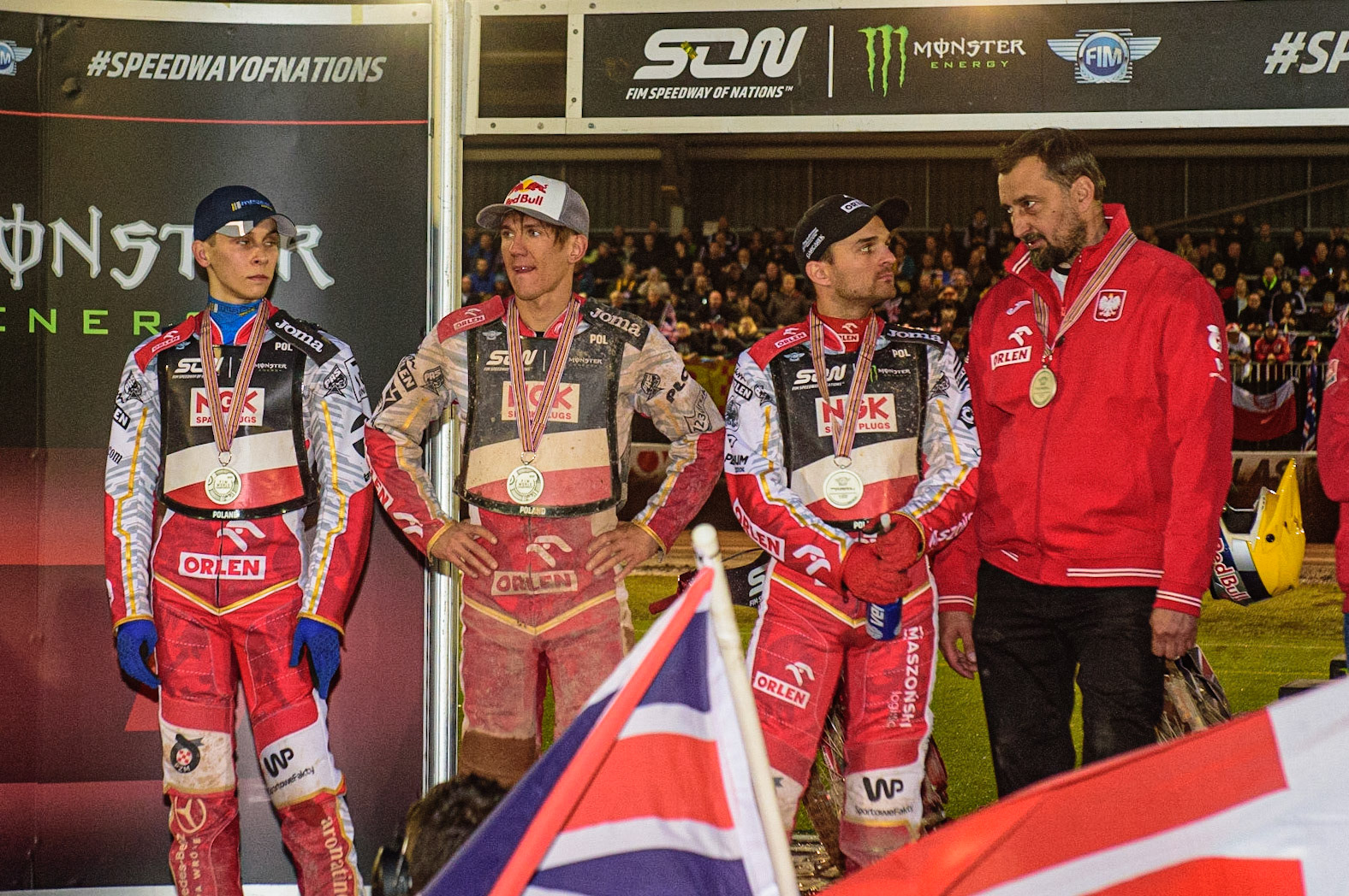 MANCHESTER, UK. OCT 17TH Poland - Silver medal winners (L-r) Jakub Miskowiak, Maciej Janowski, Bartosz Zmarzlik and Rafal Dobrucki (Manager) during the Monster Energy FIM Speedway of Nations at the National Speedway Stadium, Manchester on Sunday  17th October 2021. (Credit: Ian Charles | MI News)