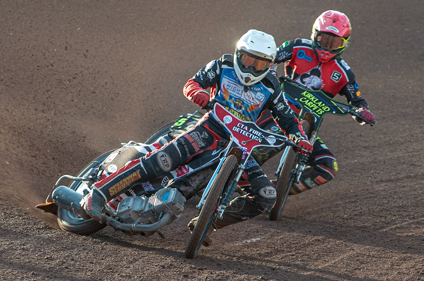 Photo: Ian Charles

Ben Morley  (White) leads Kyle Bickley  (Red)

Belle Vue Colts v Isle Of Wight Warriors, SGB National League KO Cup Quarter Final 1st Leg, Belle Vue National Speedway Stadium, Manchester, Monday 22  July  2019