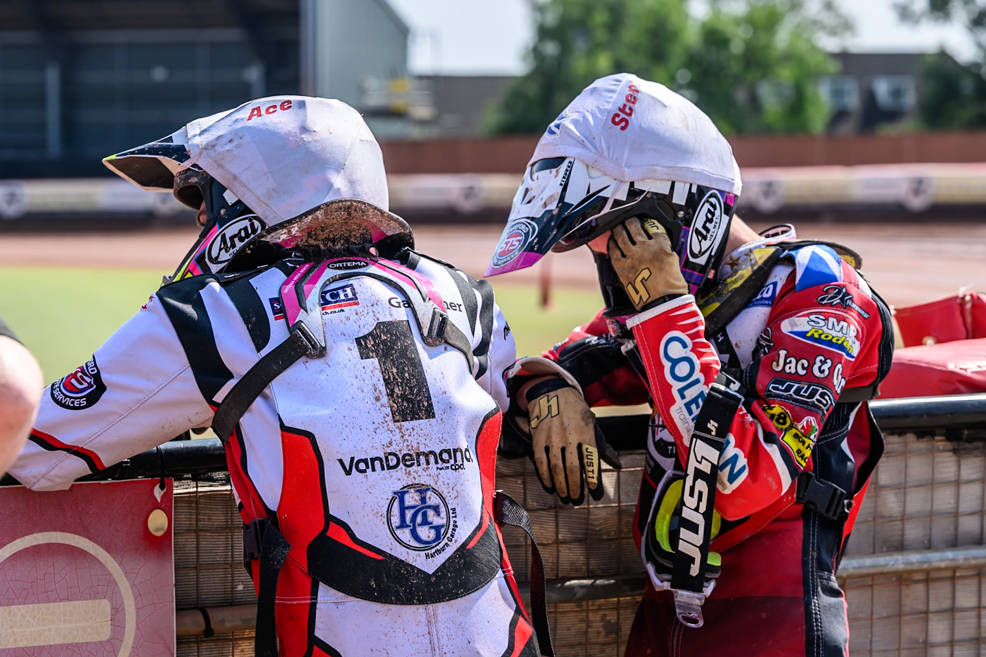 Ace Pijper of Middlesborough Tigers  and Stene Pijper of Middlesborough Tigers  watch the track prepduring the WSRA National Development League match between Belle Vue Colts and Middlesbrough Tigers at the National Speedway Stadium, Manchester on Sunday 10th August 2025. (Photo: Mark Fletcher | MI News)