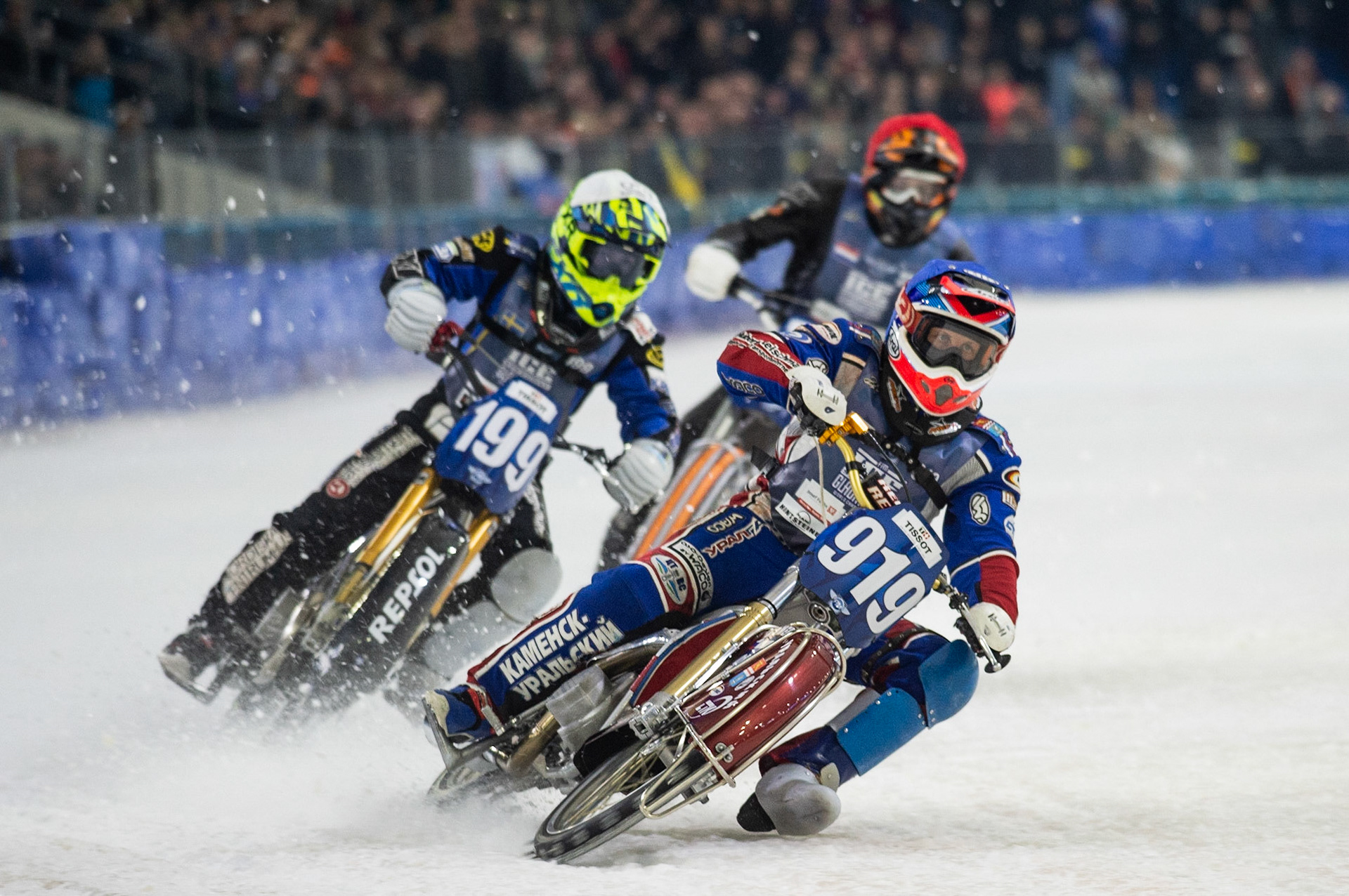 Photo: Ian Charles

Dmitri Khomitsevich (919) leads Martin Haarahiltunen (199) and Jimmy Tuinstra (273)

FIM Ice Speedway Gladiators World Championship, Event 5.2, Ice Rink Thialf, Heerenveen, Netherlands Sunday  31  March  2019