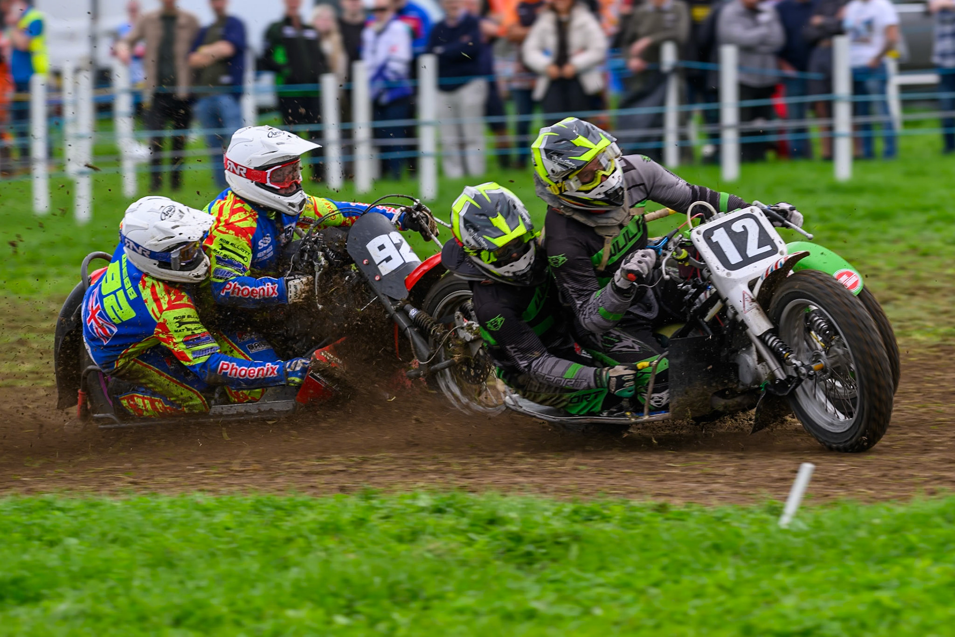 British Masters 1000cc Sidecars: Neal Owen/Jason Farwell (12) leading Paul Whitelam/Richard Webb (92) during the British Masters Grasstrack Championship at Lower Marsh Farm, Much Hoole, Preston in Lancashire, England on Sunday 13th September 2026. (Photo: Ian Charles | MI News)