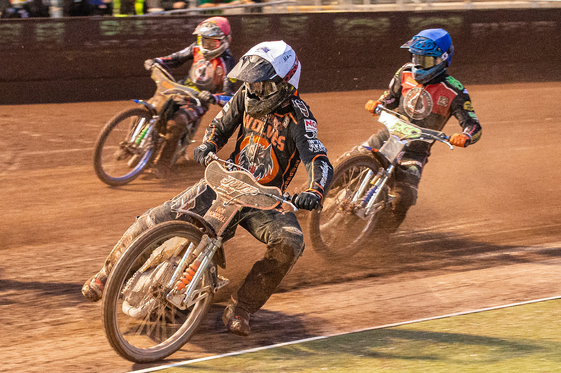 Photo by Ian Charles:

Sam Masters  (White) leads Dimitri Bergé  (Blue) and Dan Bewley  (Red)

Belle Vue Aces v Wolverhampton Wolves, SGB Premiership, National Speedway Stadium, Manchester, Monday, 19, August, 2019