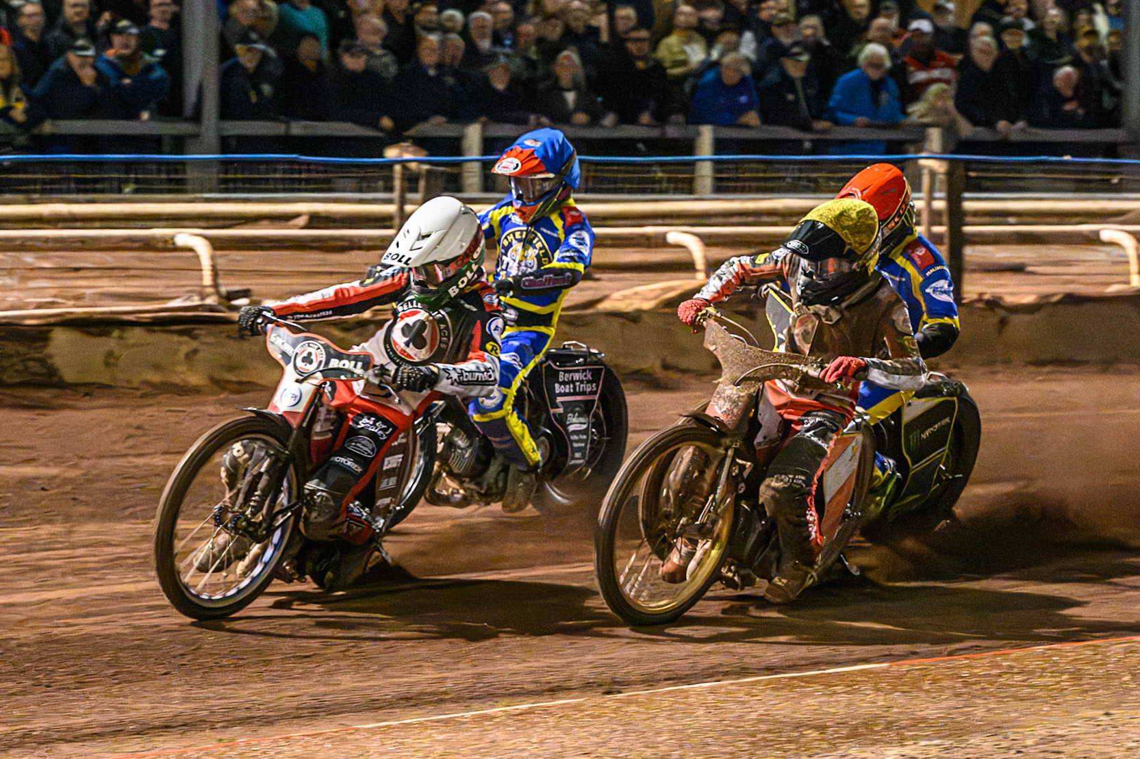 Brady Kurtz of Belle Vue Aces in White leading Norick Blodorn of Belle Vue Aces in Yellow , Leon Flint of Sheffield Tigers in Blue  and Chris Holder of Sheffield Tigers in Red during the Rowe Motor Oil Premiership Grand Final 1st Leg match between Sheffield Tigers and Belle Vue Aces at Owlerton Stadium, Sheffield on Monday 12th October 2026. (Photo: Ian Charles | MI News)