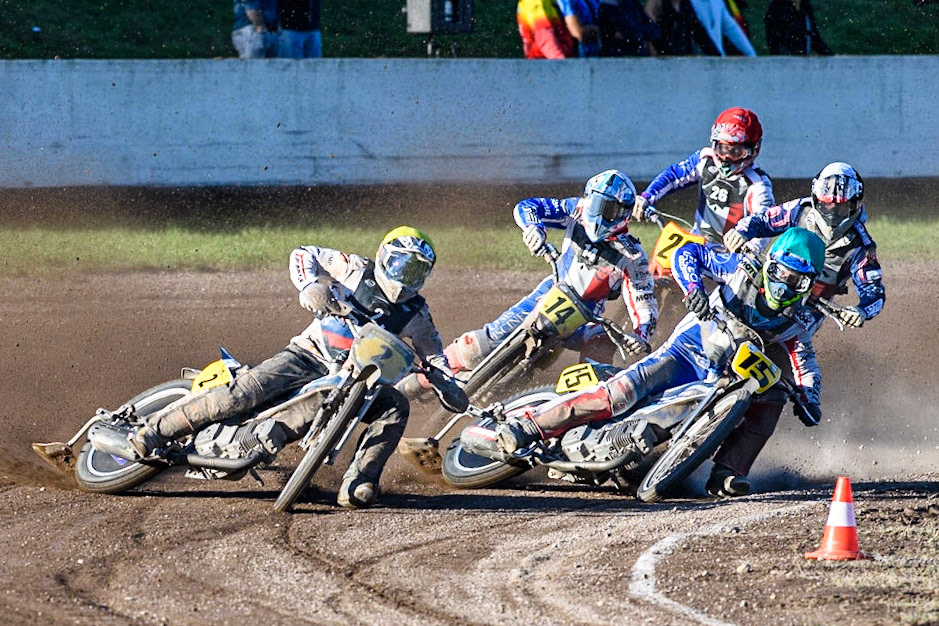 Hynek Stichauer (yelloe) outside Jordan Dubernard (Green) \with Mathias Trésarrieu (White), Jan Macek (Black &amp; White) and Steven Labouyrie (Red) behind during the FIM Long Track Of Nations event at the Speed Centre Roden on Sunday 24th September 2023. (Photo: Ian Charles | MI News)