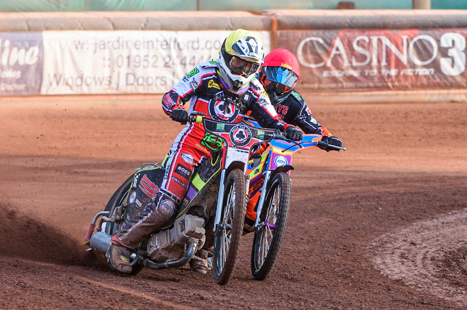WOLVERHAMPTON, UK. JULY 26TH  Tom Brennan  (Yellow) leads Rory Schlein  (Red)during the SGB Premiership match between Wolverhampton Wolves and Belle Vue Aces at the Ladbroke Stadium, Wolverhampton on Monday 26th July 2021. (Credit: Ian Charles | MI News)