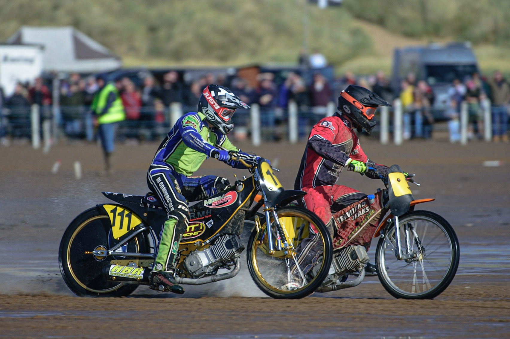 Billy Reve (1) leads Richie Worrall (111) during the Fylde ACU British Sand Racing Masters Championship on  Sunday 2nd October 2022. (Credit: Ian Charles | MI News)