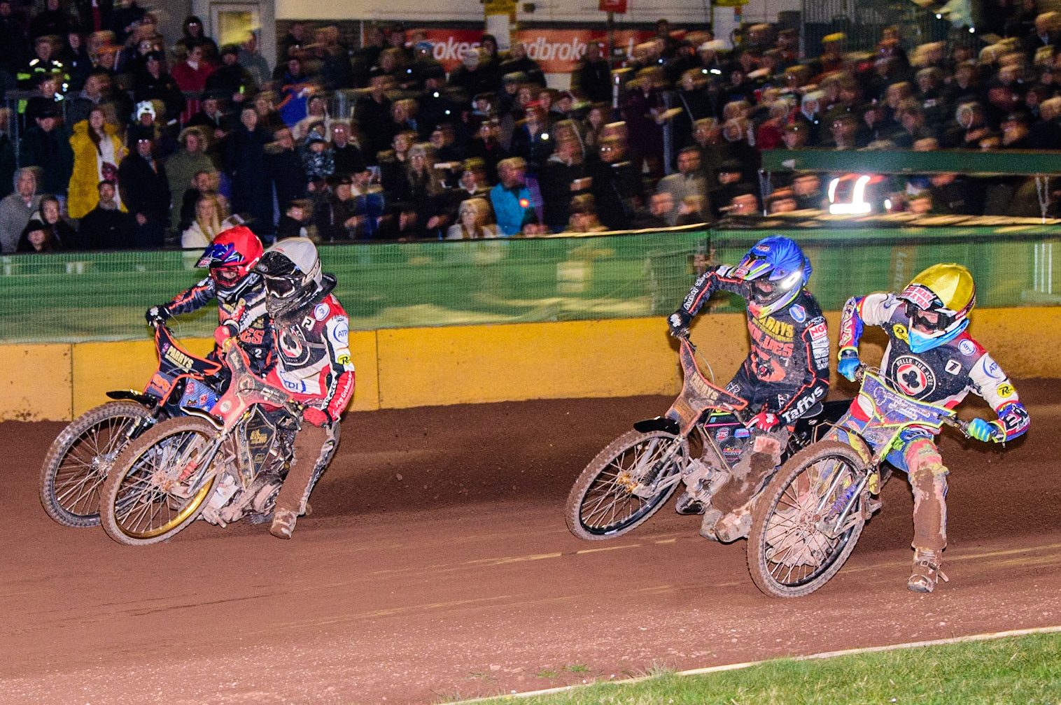 (l - r) Steve Worrall  (Red), Norick Blodorn  (White), Leon Flint  (Blue) and Anders Rowe  (Yellow) during the SGB Premiership Knock Out Cup Quarter Final 1st Leg between Wolverhampton Wolves and Belle Vue Aces at Monmore Green Stadium, Wolverhampton on Monday 10th April 2023. (Photo: Ian Charles | MI News)
