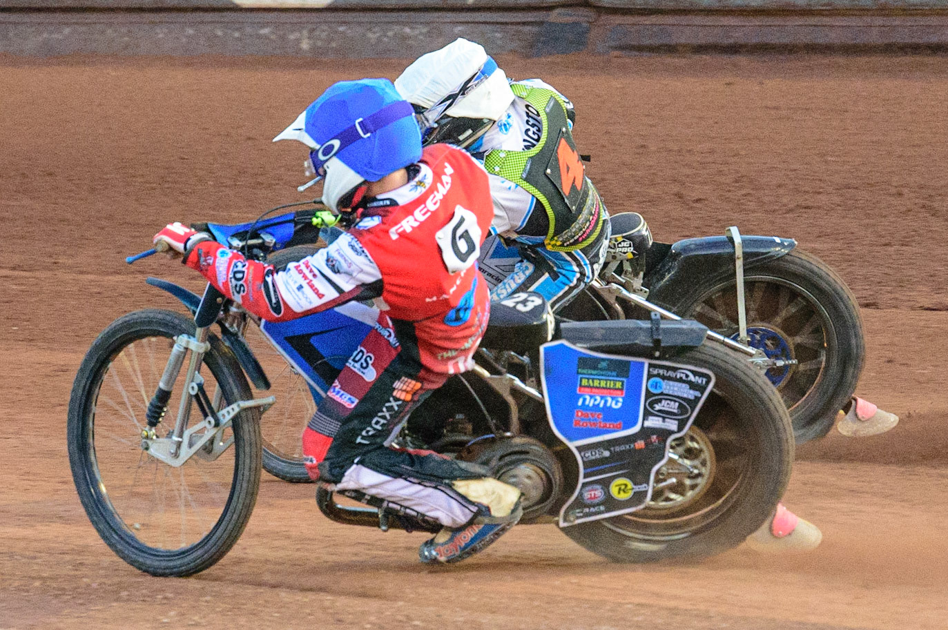 Archie Freeman  (Blue) inside Jack Kingston   (White) during the National Development League match between Belle Vue Colts and Mildenhall Fens Tigers at the National Speedway Stadium, Manchester on Friday 15th July 2022. (Credit: Ian Charles | MI News)