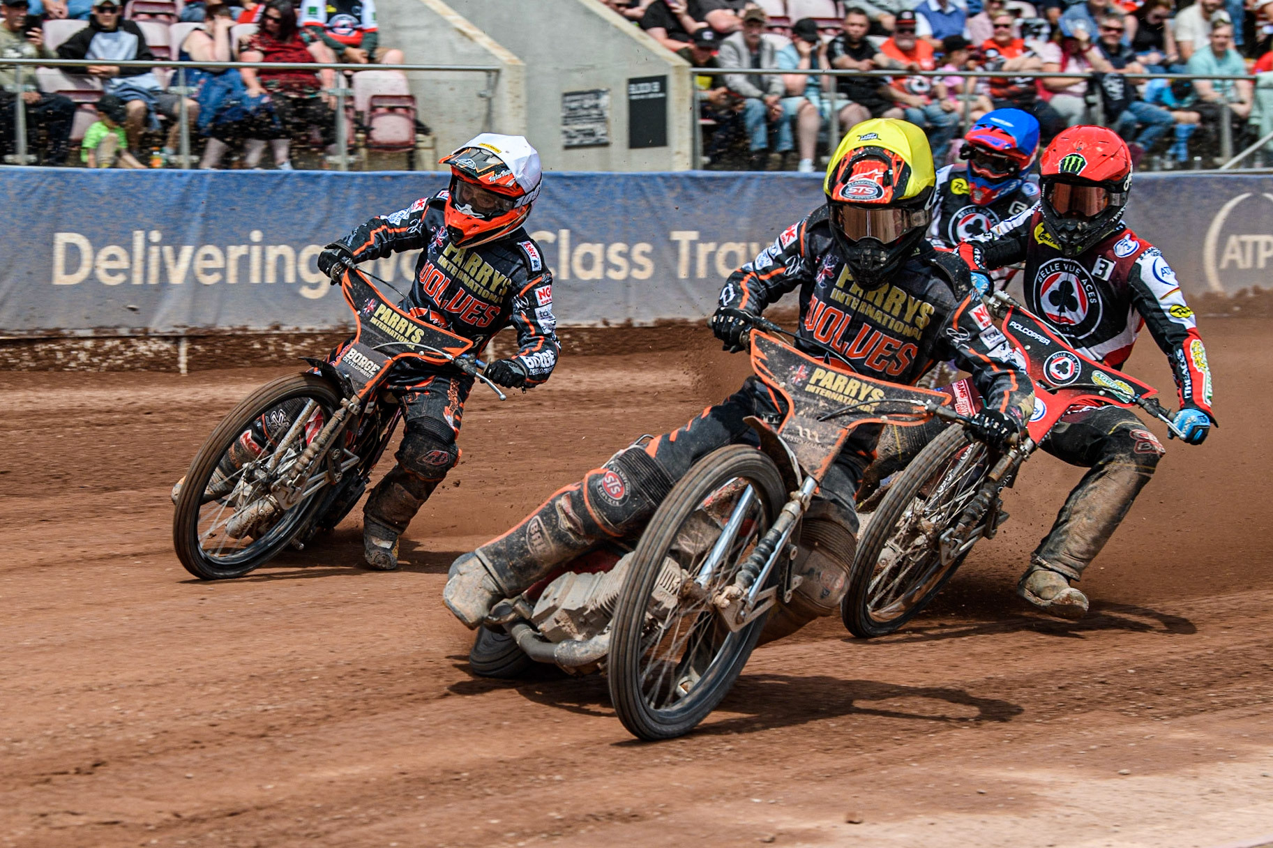 Zach Cook (Yellow) leads Luke Becker (White), Jaimon Lidsey (Red) and Paco Castagna (Blue) during the Sports Insure Premiership match between Belle Vue Aces and Wolverhampton Wolves at the National Speedway Stadium, Manchester on Monday 29th May 2023. (Photo: Ian Charles | MI News)