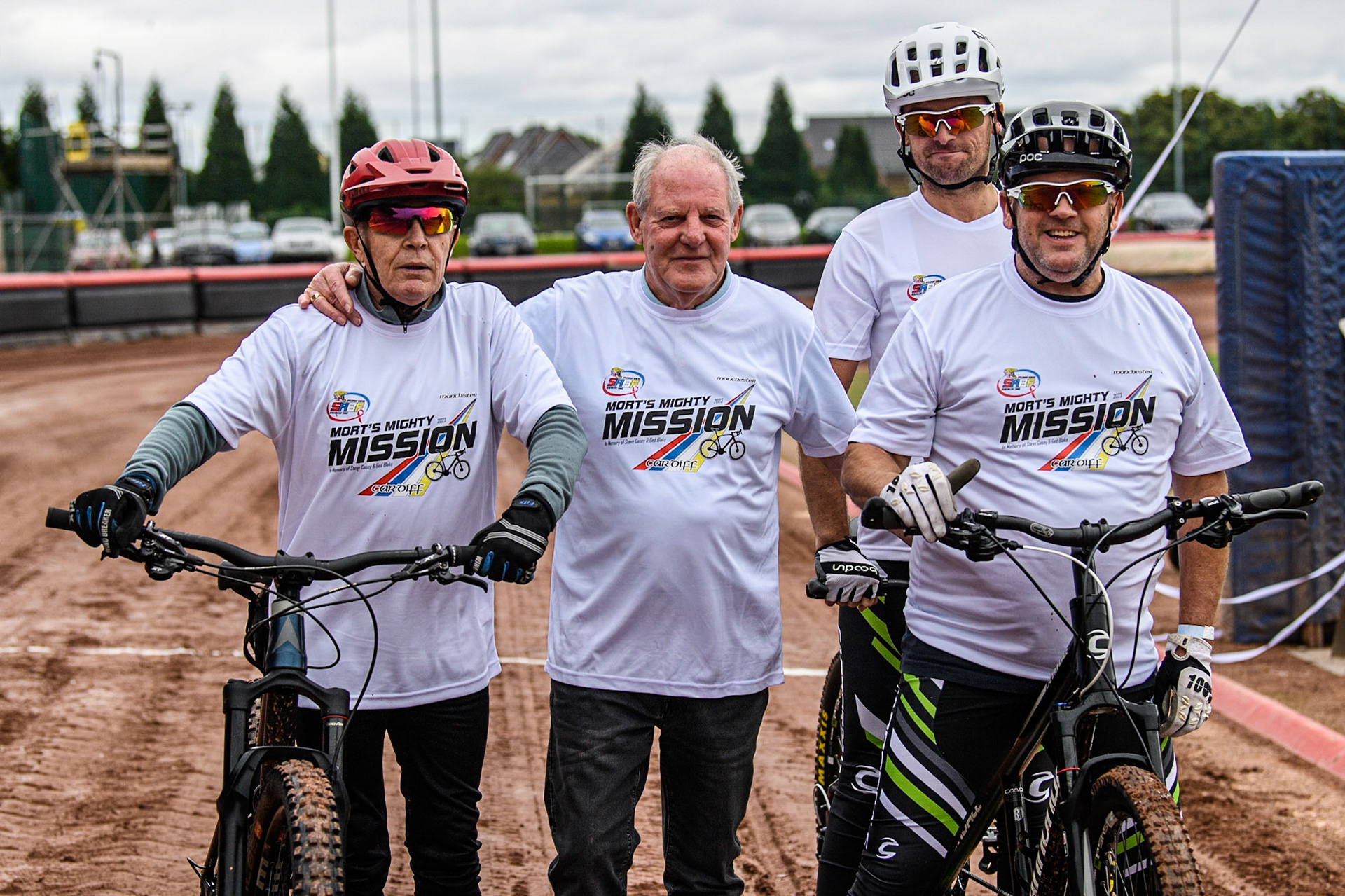 (L to R) Chris Morton, Paul Ackroyd (Speedway Riders Benevolent Find) Ricky Ashworth, Dave Ashworth, after completing two laps of the Belle Vue track for Mort’s Mighty Mission ride to the Principality Stadium, Cardiff for the SRBF during the Sports Insure Premiership match between Belle Vue Aces and Leicester Lions at the National Speedway Stadium, Manchester on Monday 28th August 2023. (Photo: Ian Charles | MI News)