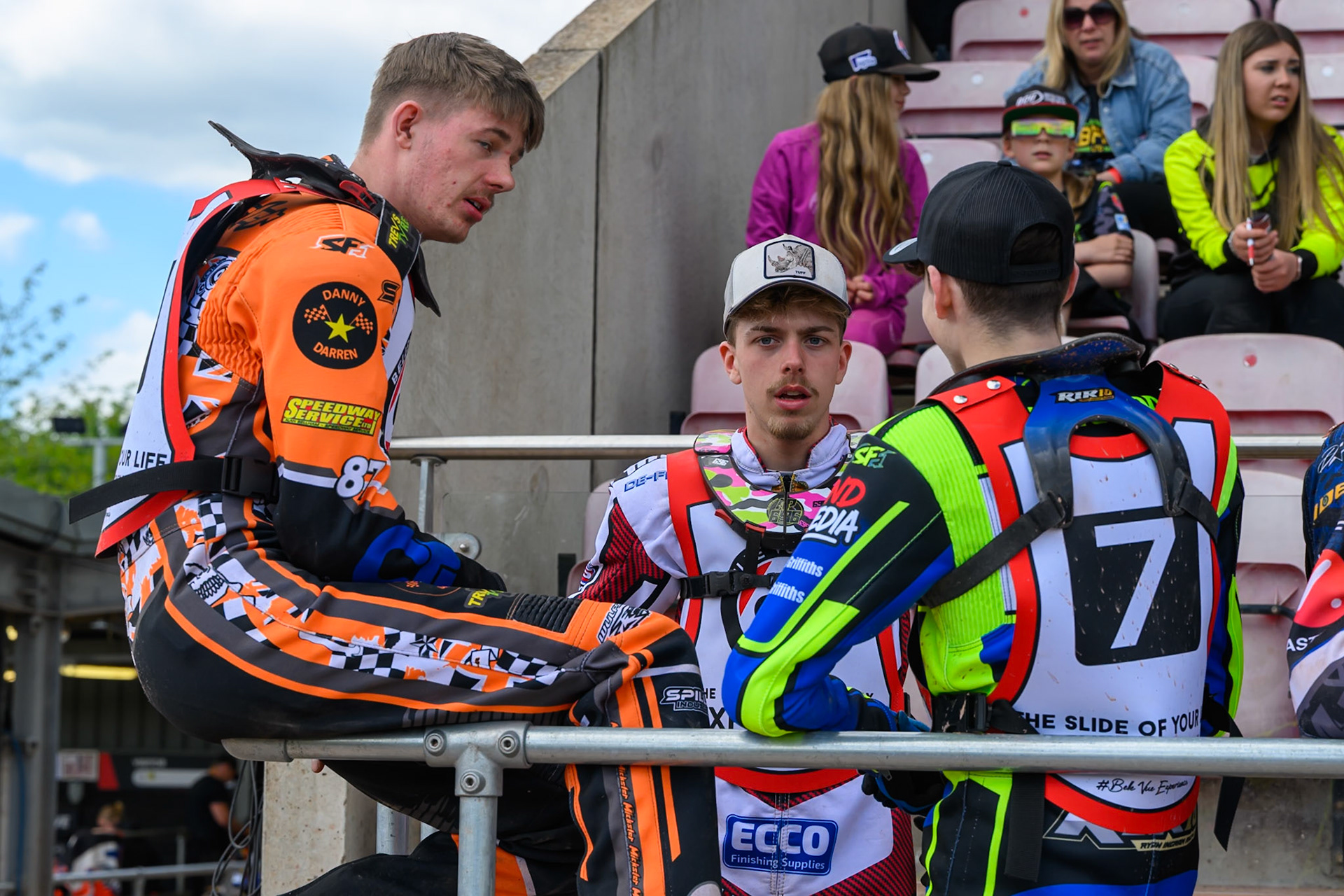 (L to R) Mickie Simpson , Ace Pijper  and Ryan Ingram  chat between heats during the British Youth Speedway Championship &amp; JR Ashworth &amp; Sons Colts Individual at the National Speedway Stadium, Manchester on Sunday 10th May 2026. (Photo: Ian Charles | MI News)