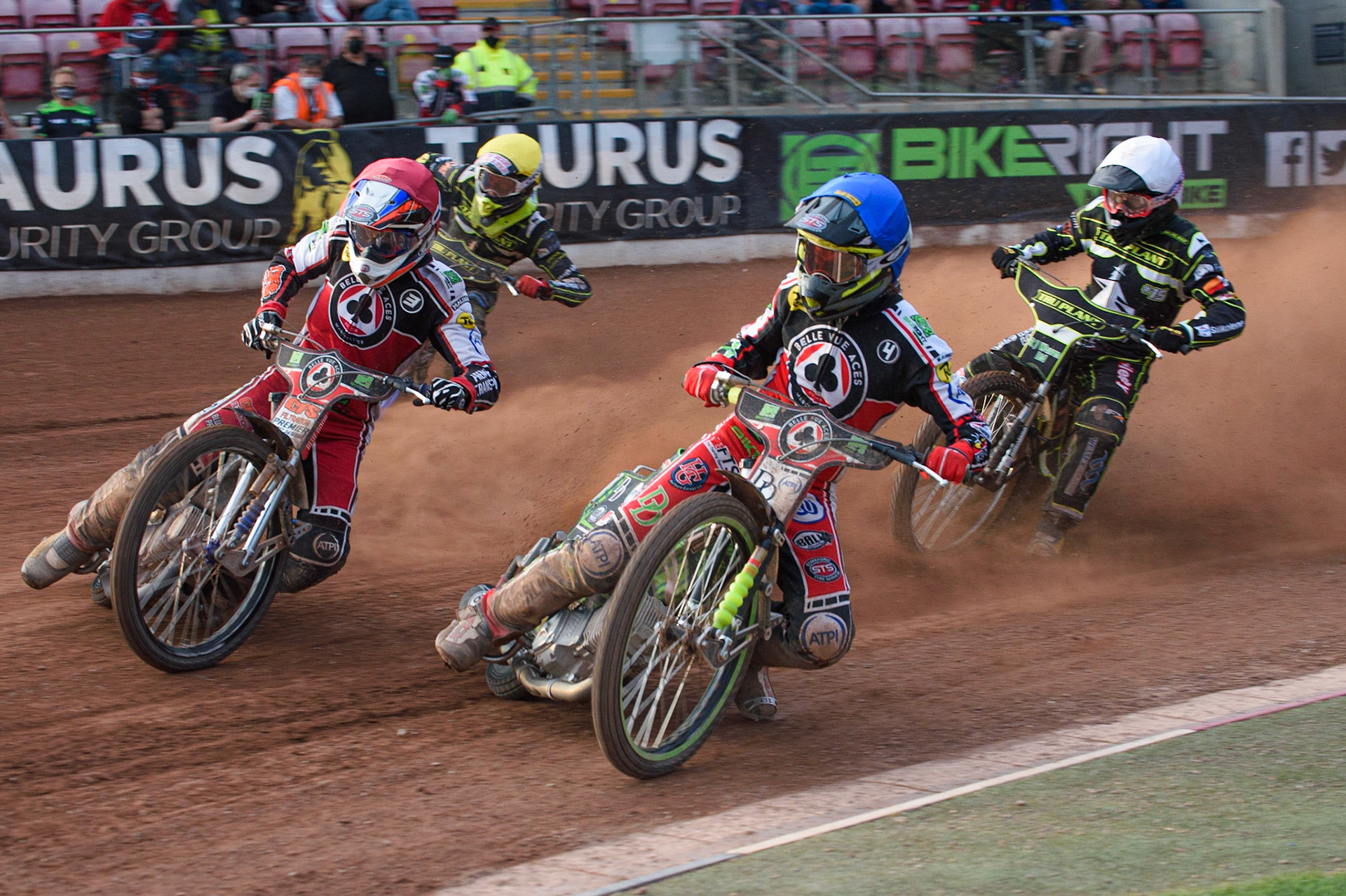 MANCHESTER, UK. JUNE 7TH   Charles Wright  (Blue) and Steve Worrall  (Red) lead Danny King  (White) and Anders Rowe  (Yellow) during the SGB Premiership match between Belle Vue Aces and Ipswich Witches at the National Speedway Stadium, Manchester on Monday 7th June 2021. (Credit: Ian Charles | MI News)