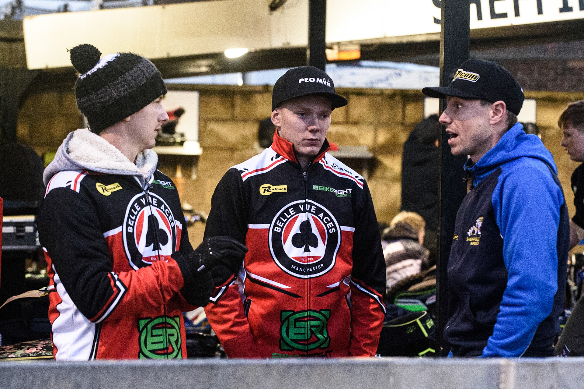 SHEFFIELD, UK. OCT 4TH(l-r) ‘bv7\, Dan Bewley , and Simon Stead  during the SGB Premiership Semi Final Playoff 1st Leg between Sheffield Tigers and Belle Vue Aces at Owlerton Stadium, Sheffield on Monday 4th October 2021. (Credit: Ian Charles | MI News)