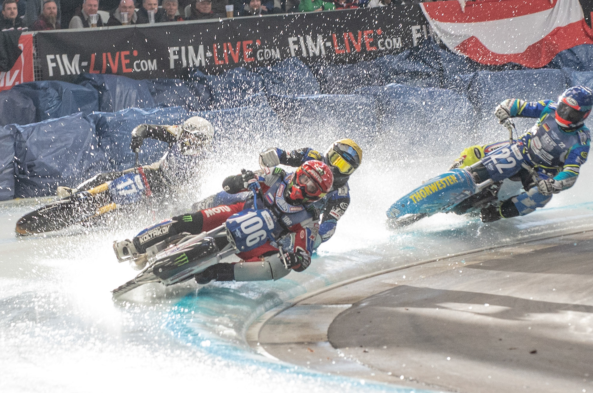Photo: Ian Charles

Dmitri Koltakov (106) leads Niclas Svensson (192) (Yellow) Franz Mayerbüchler (17) and Gunther Bauer (22)
FIM Ice Speedway Gladiators World Championship, Event 4.1, Max-Aicher-Arena, Inzell, Germany, Saturday 16 March 2019