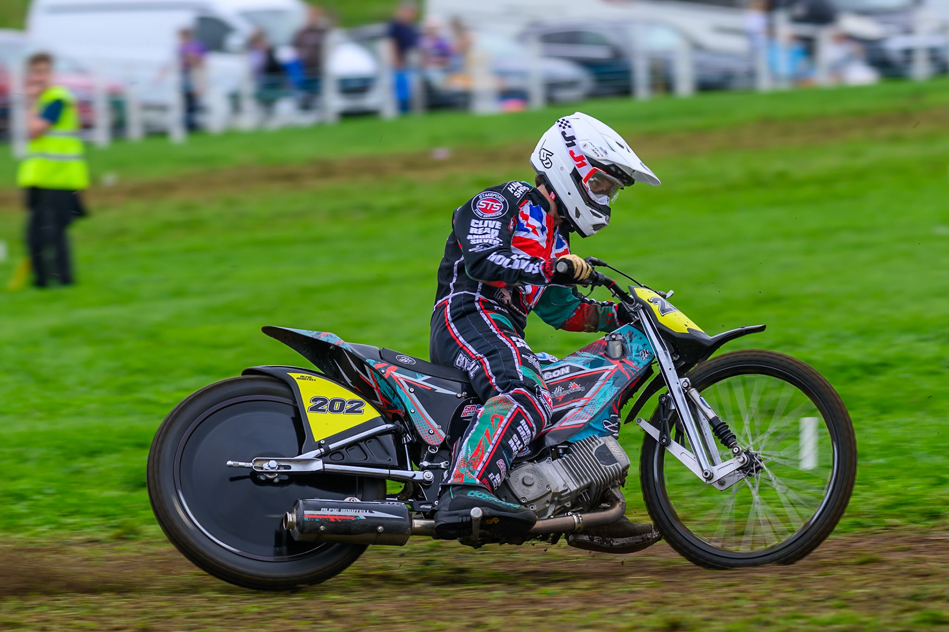 Alfie Bowtell (202) during practice for  the British Masters Grasstrack Championship at Lower Marsh Farm, Much Hoole, Preston in Lancashire, England on Sunday 13th September 2026. (Photo: Ian Charles | MI News)