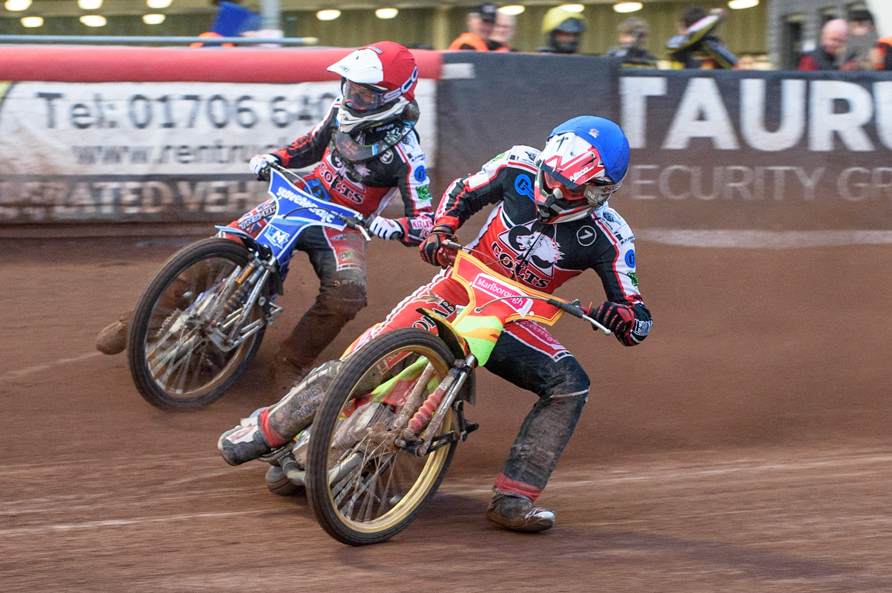 MANCHESTER, UK. JULY 29TH   Ben Woodhull  (Blue) leads team mate Harry McGurk  (Red) during the National Development League match between Belle Vue Colts and Leicester Lion Cubs at the National Speedway Stadium, Manchester on Thursday 29th July 2021. (Credit: Ian Charles | MI News)