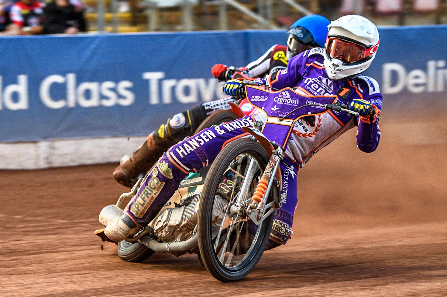 Niels-Kristian Iversen  (White) leads Brady Kurtz (Blue) during the Sports Insure Premiership match between Belle Vue Aces and Peterborough at the National Speedway Stadium, Manchester on Monday 19th June 2023. (Photo: Ian Charles | MI News)