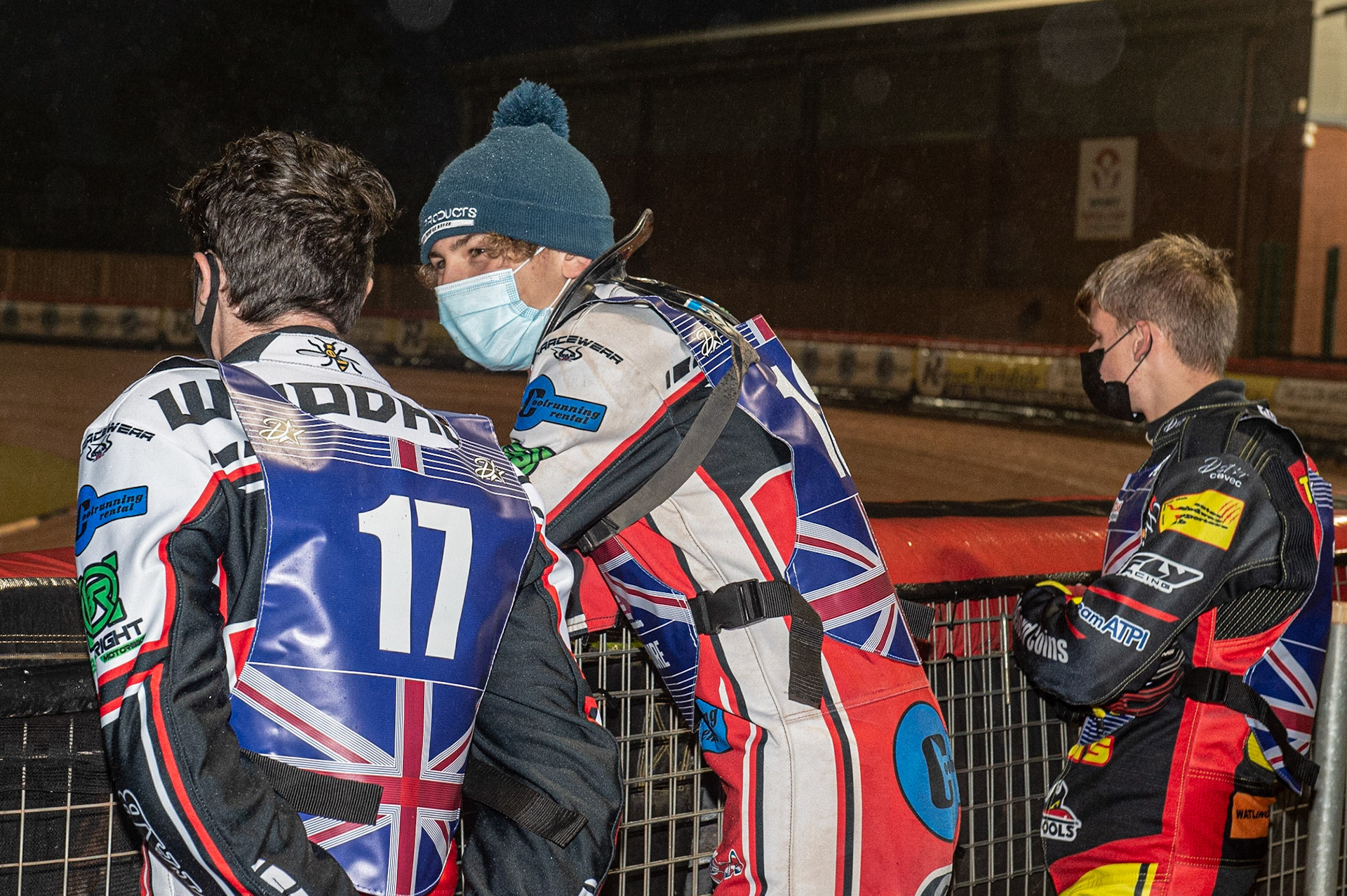Photo: Ian Charles(l-r) Ben Woodhull, Harry McGurk and Joe Thompson  check the track Sports Insure British Speedway Championship Final, National Speedway Stadium, Manchester Monday  28  September  2020