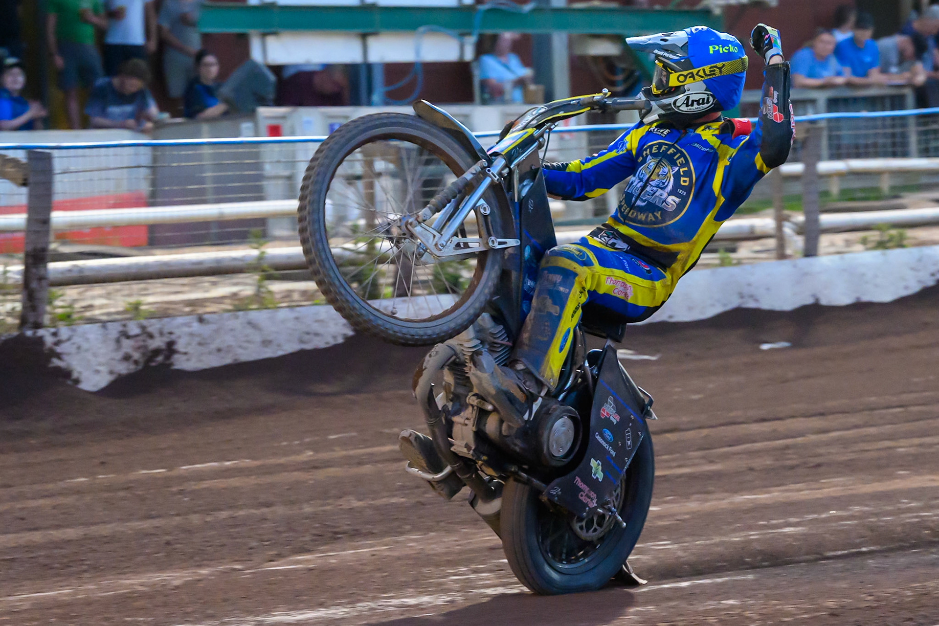 Josh Pickering of Sheffield Tigers celebrates with a wheelie during the Rowe Motor Oil Premiership match between Sheffield Tigers and Belle Vue Aces at Owlerton Stadium, Sheffield on Monday 25th May 2026. (Photo: Ian Charles | MI News)