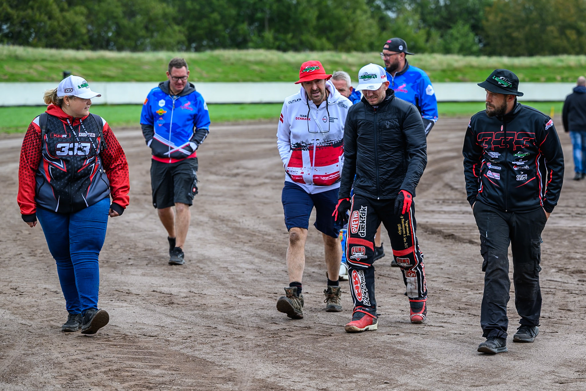 Kenneth Kruse Hansen (333) of Denmark and his team on the track walk during the FIM Long Track World Championship Final 4, at the Speed Centre Roden, Netherlands on Sunday 21st September 2025. (Photo: Ian Charles | MI News)