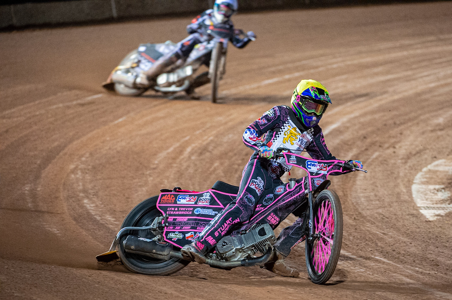 Photo: Ian CharlesDanny Smith (Yellow) leads Vinnie Foord (White) (500cc B Class) British Youth Speedway Championship (Round 5), National Speedway Stadium, Manchester Saturday  10  October  2020