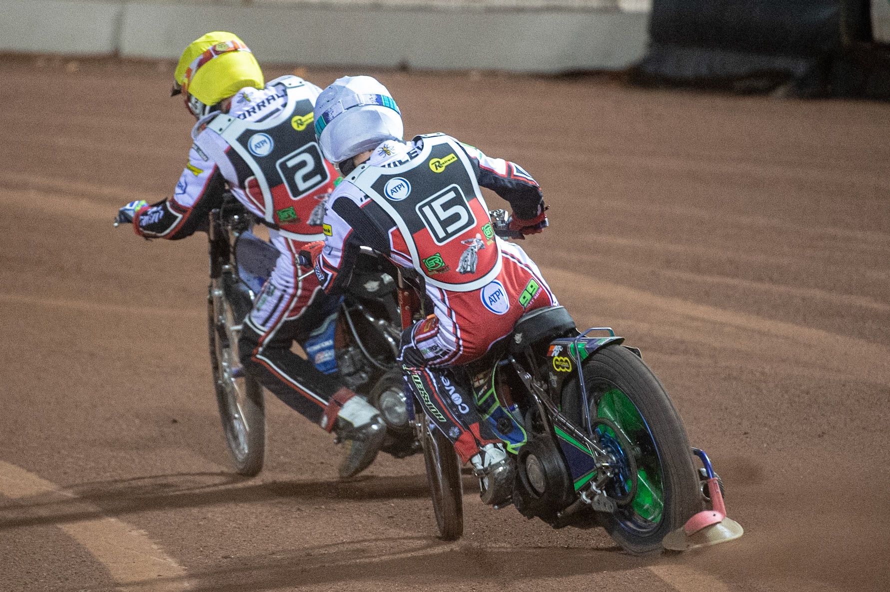 Photo: Ian CharlesDan Bewley (White) chases Steve Worrall (Yellow)Peter Craven Memorial Trophy, National Speedway Stadium, Manchester Thursday  22  October  2020